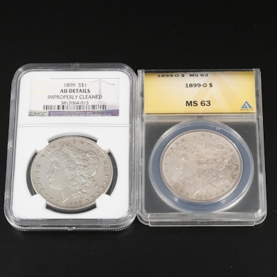 Two Graded Morgan Silver Dollars Including an ANACS MS63 1899-O
