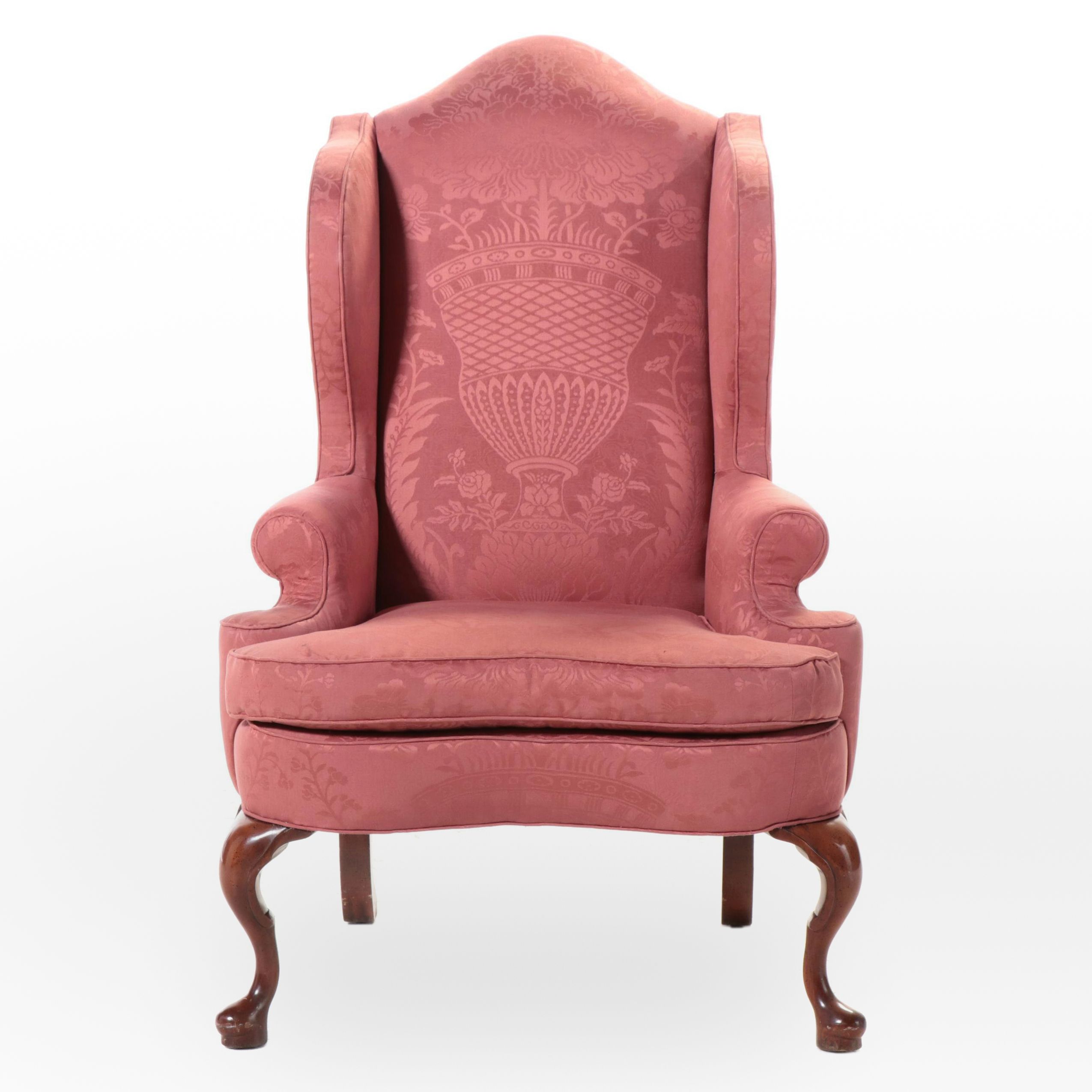 Queen Anne Style Silk Damask Upholstered Wingback Chair with Mahogany Legs