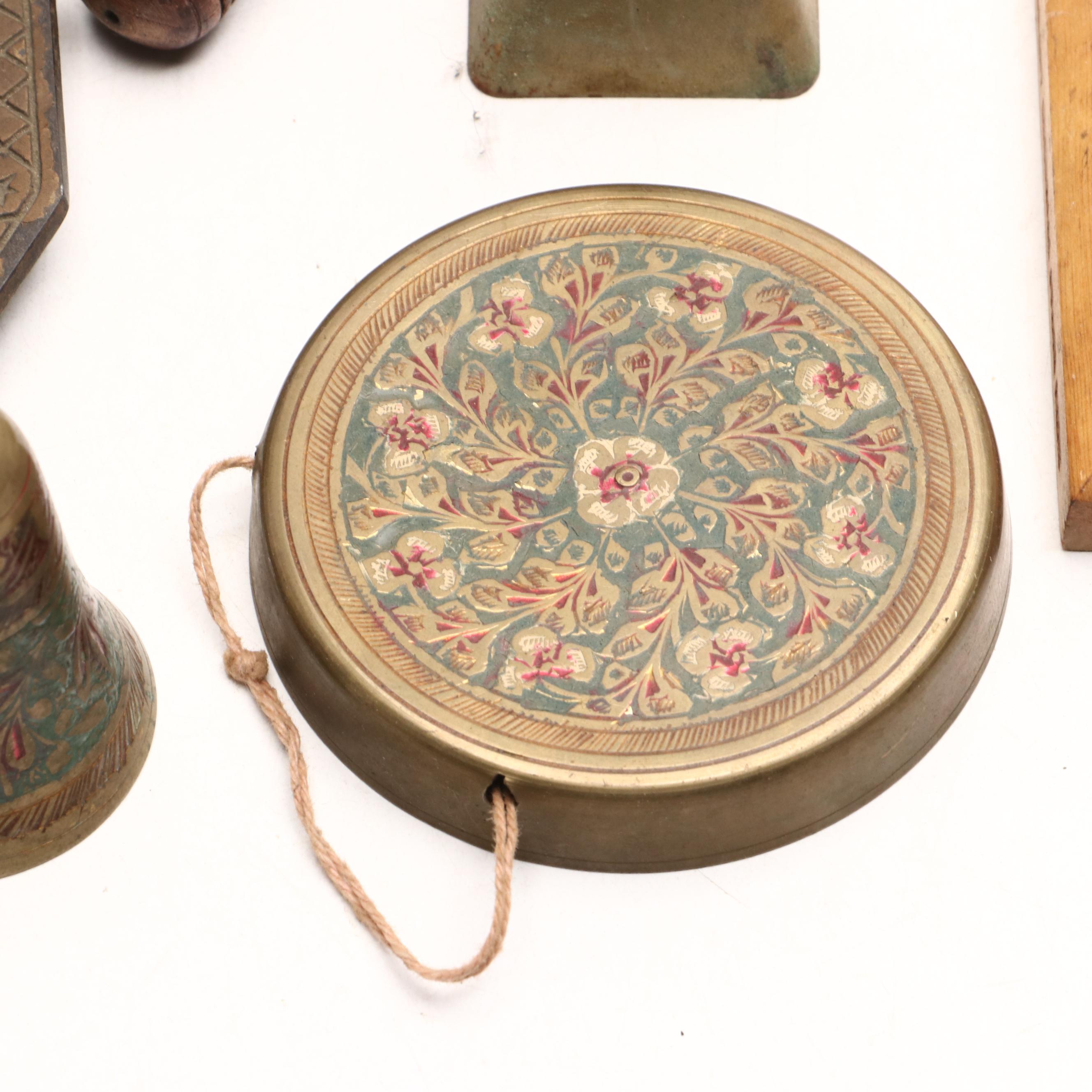 Floral Motif Etched Brass Table Gong with Scorpion Motif Brass Bowl and More