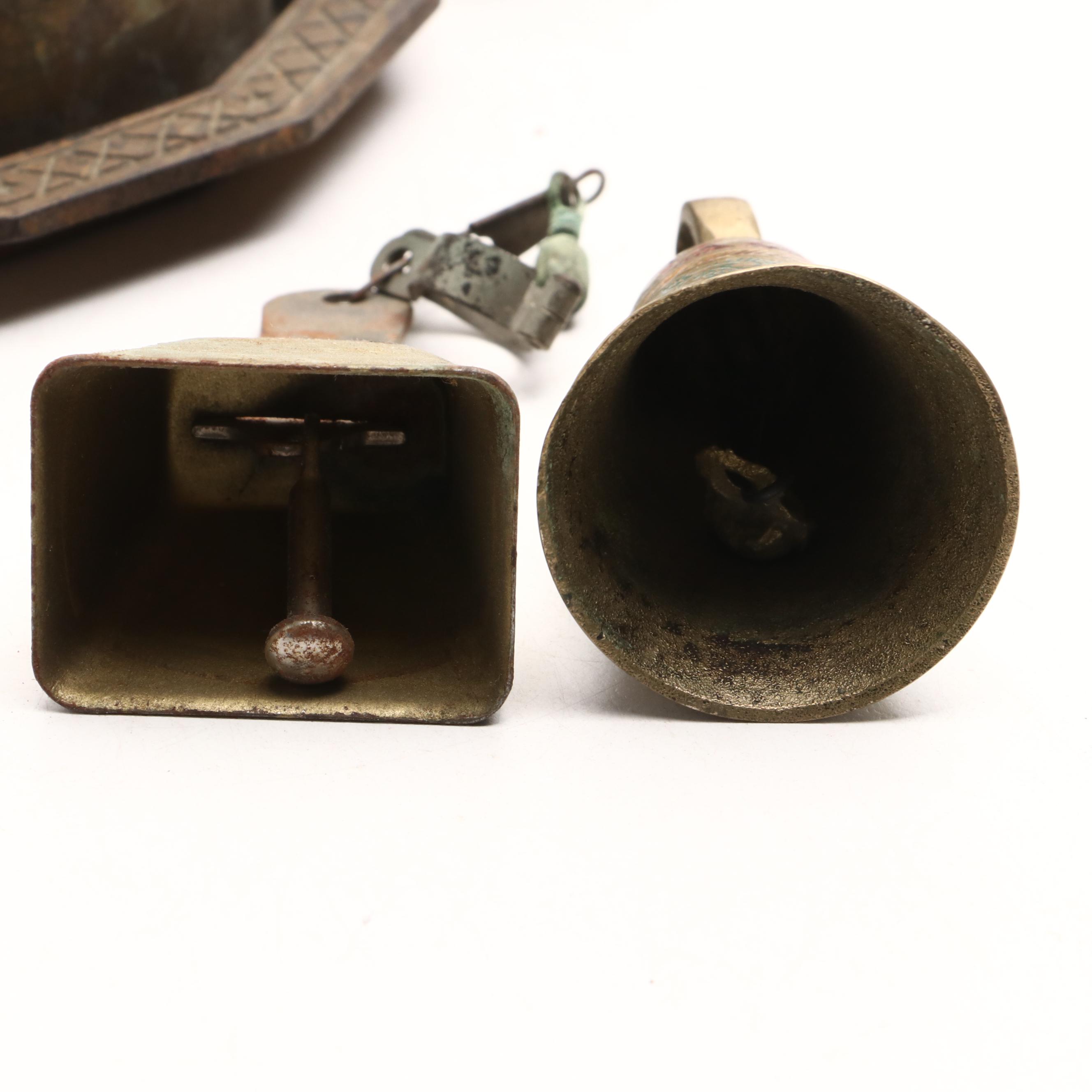 Floral Motif Etched Brass Table Gong with Scorpion Motif Brass Bowl and More