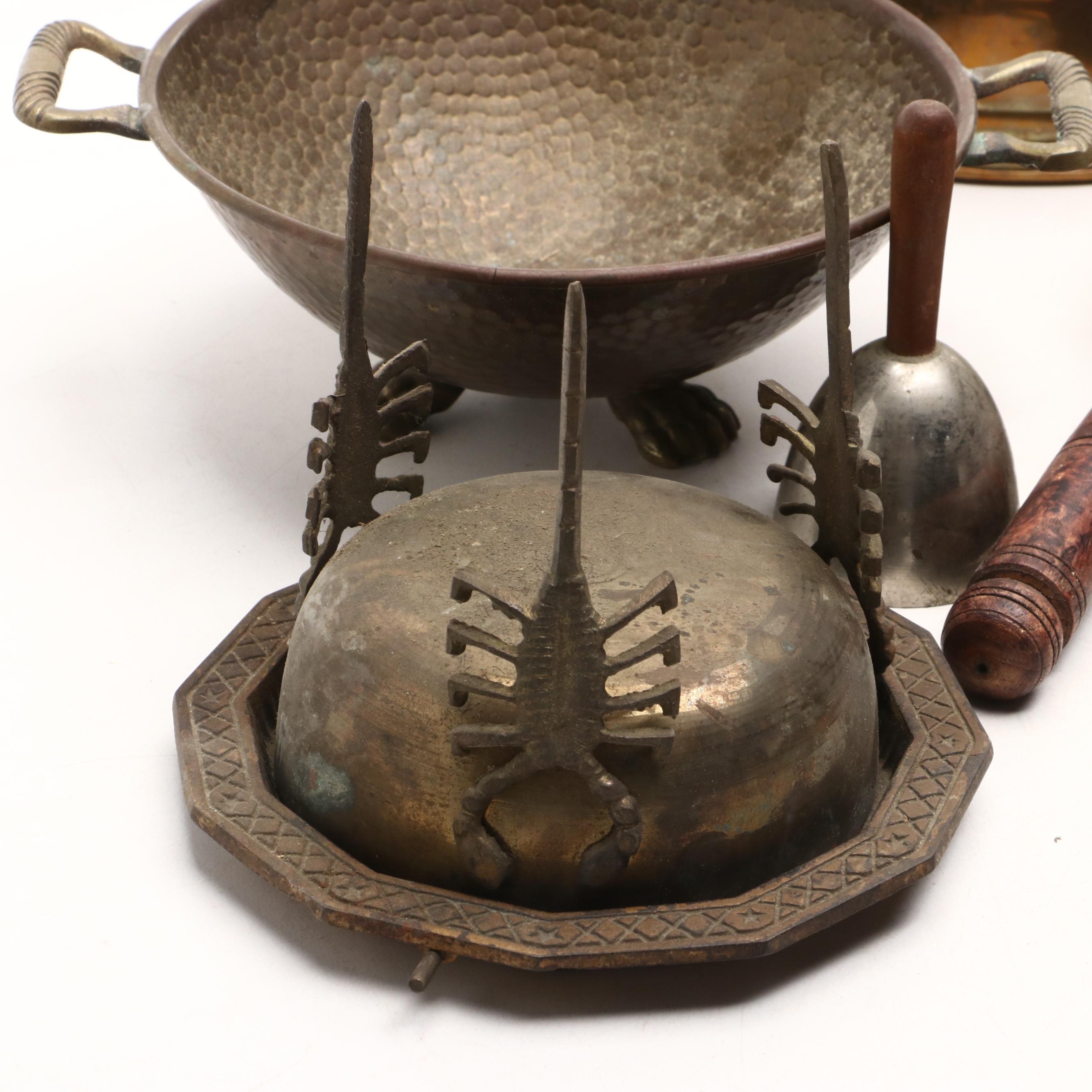 Floral Motif Etched Brass Table Gong with Scorpion Motif Brass Bowl and More