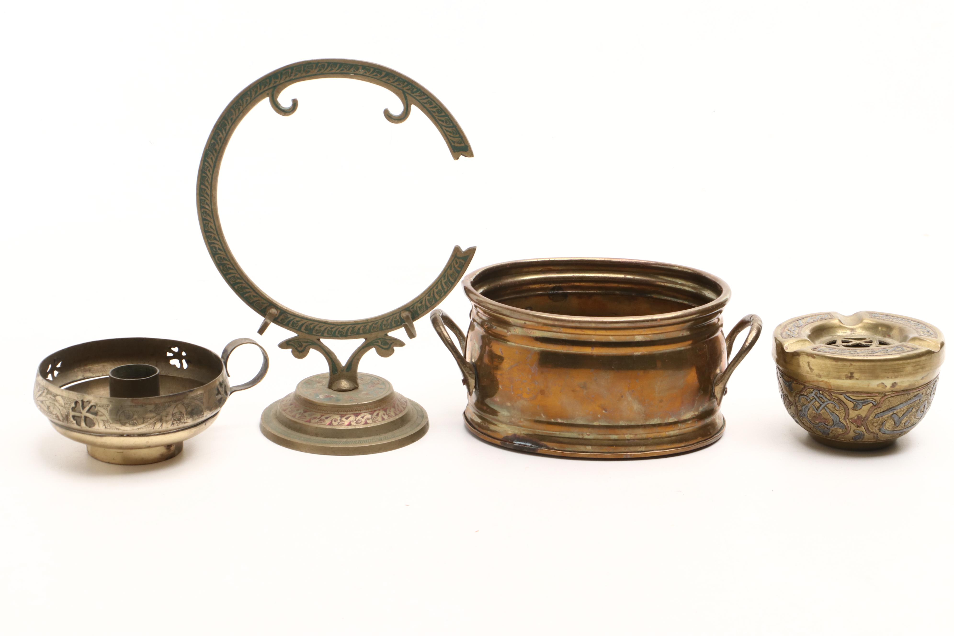 Floral Motif Etched Brass Table Gong with Scorpion Motif Brass Bowl and More