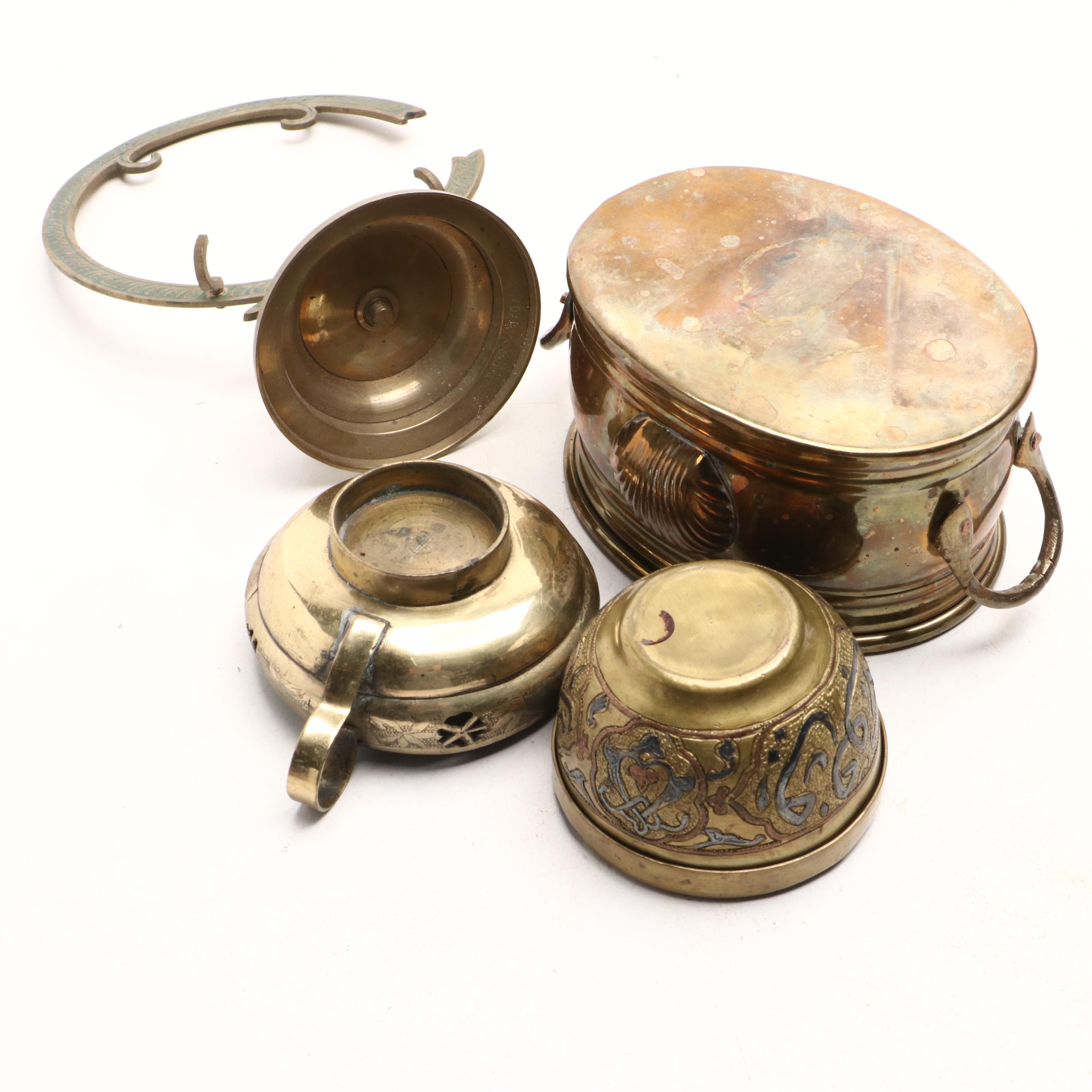 Floral Motif Etched Brass Table Gong with Scorpion Motif Brass Bowl and More