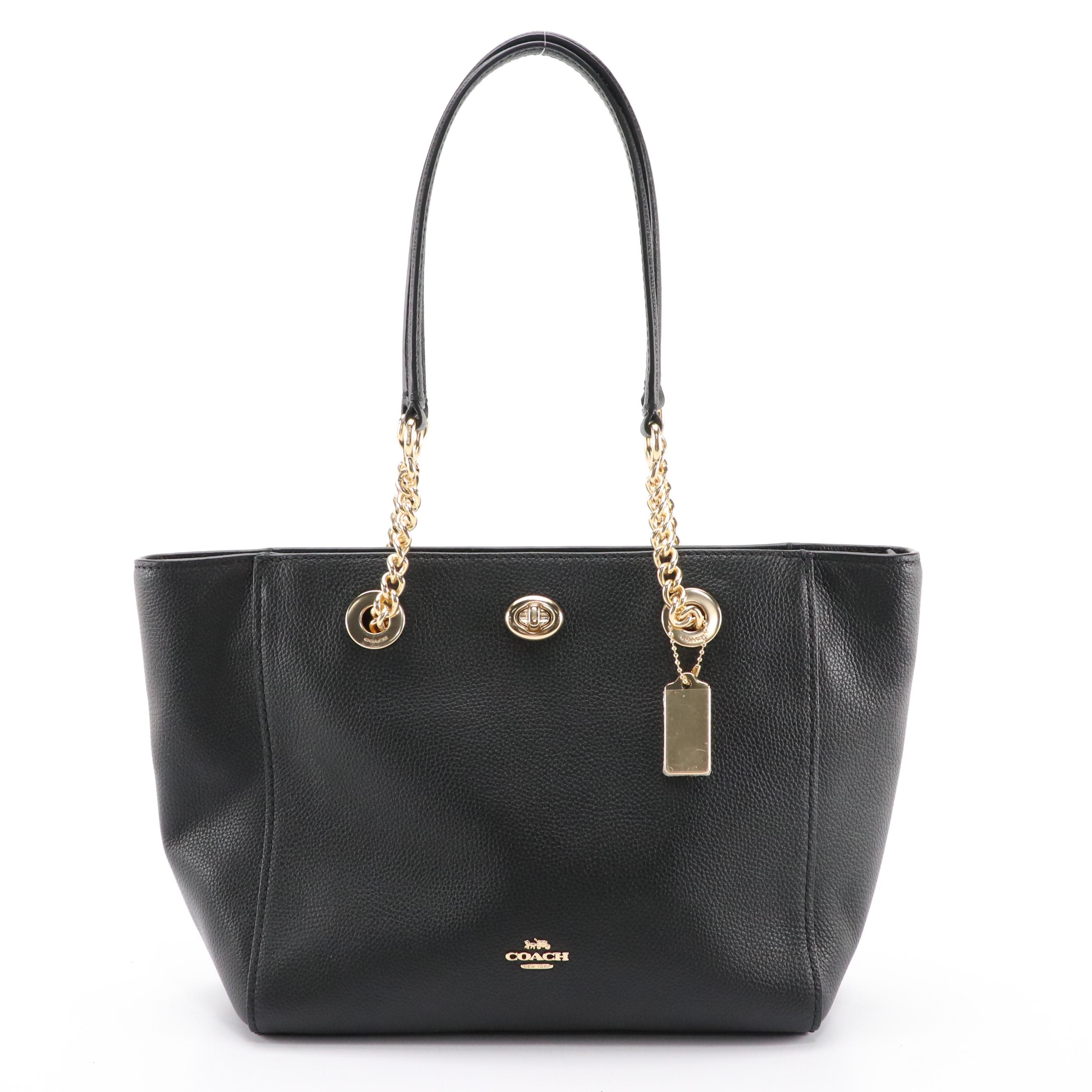 Coach Black Pebble Grain Leather Turnlock Tote with Chain and Leather Strap, NWT