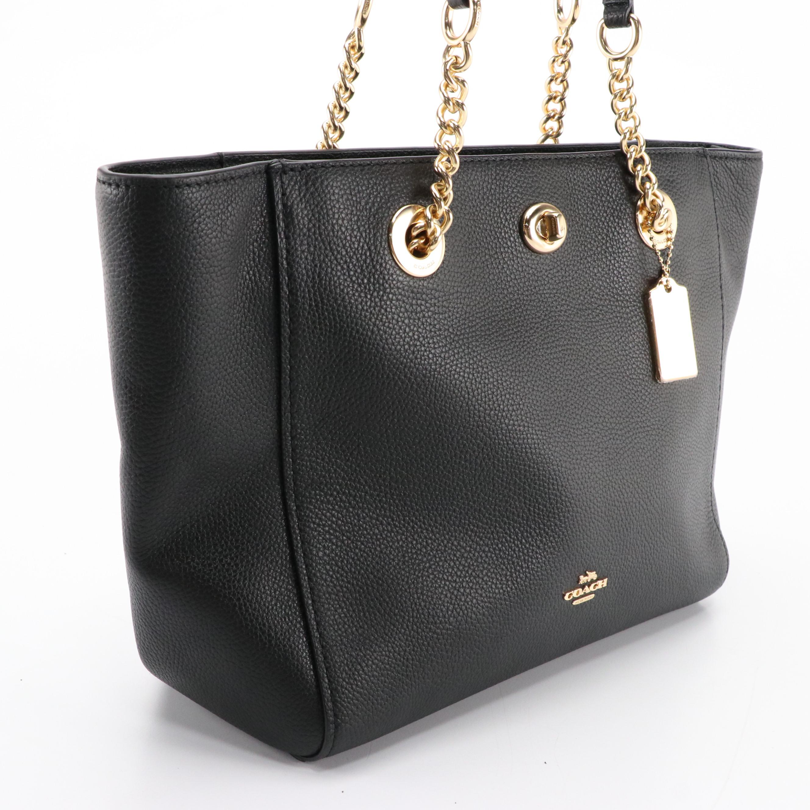 Coach Black Pebble Grain Leather Turnlock Tote with Chain and Leather Strap, NWT