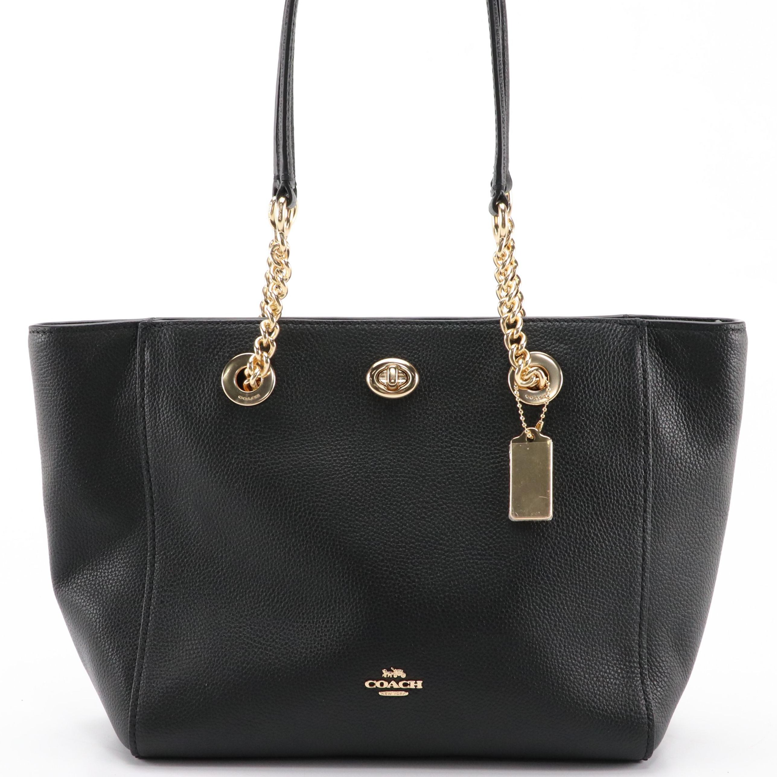 Coach Black Pebble Grain Leather Turnlock Tote with Chain and Leather Strap, NWT