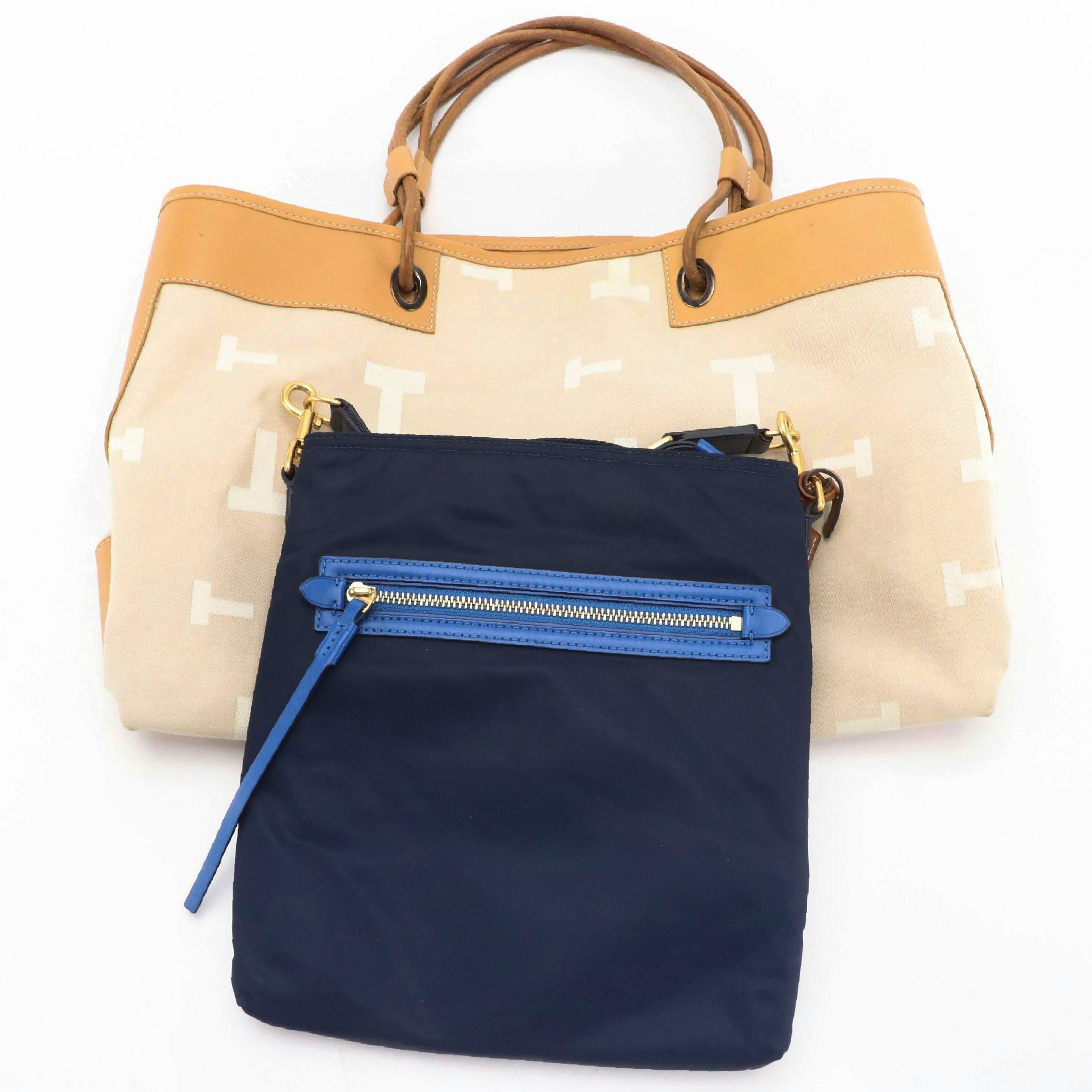 Tod's Beige Logo Canvas Tote Bag, Tory Burch Blue Nylon Messenger Crossbody Bag