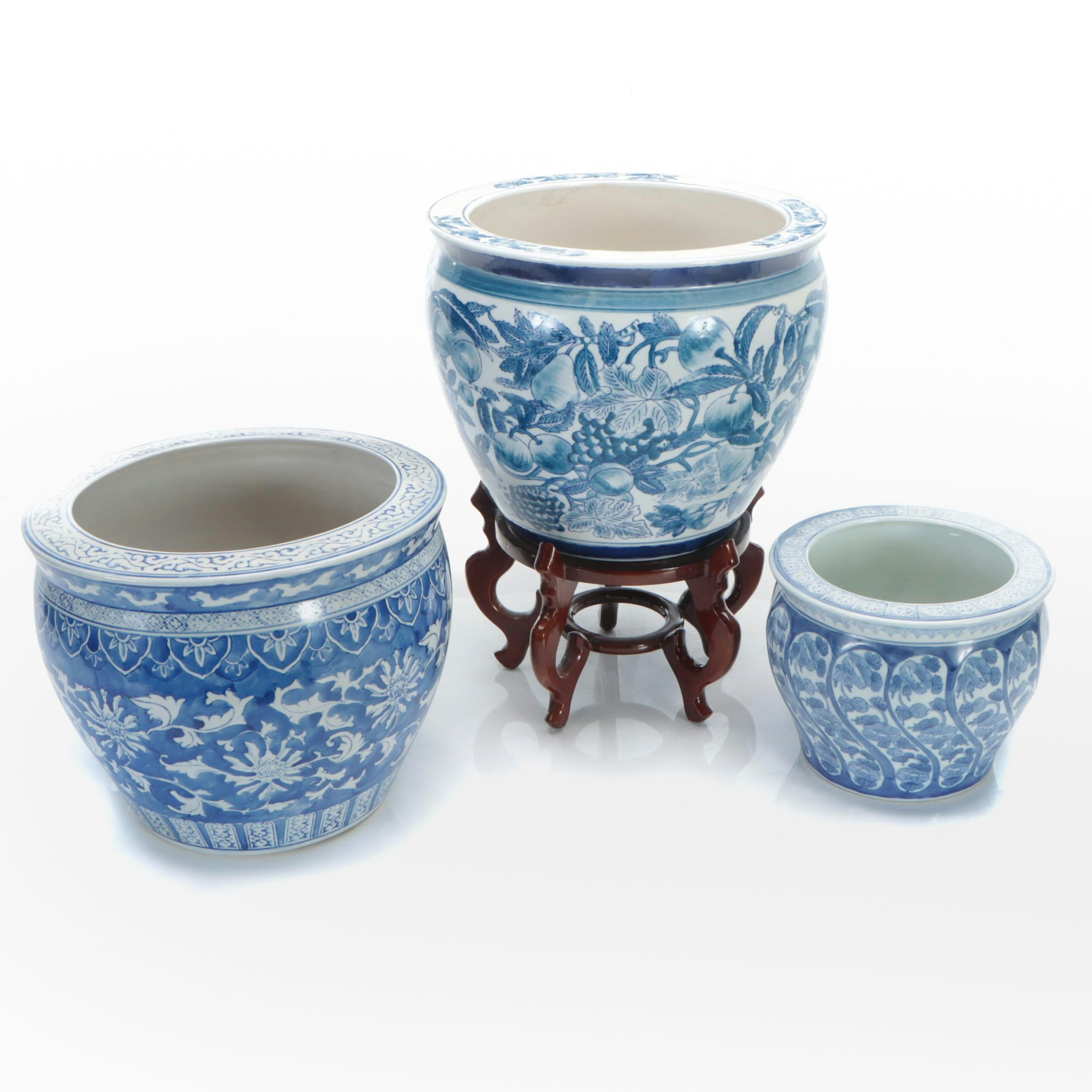 Chinese Blue and White Porcelain Planters and Wooden Stand