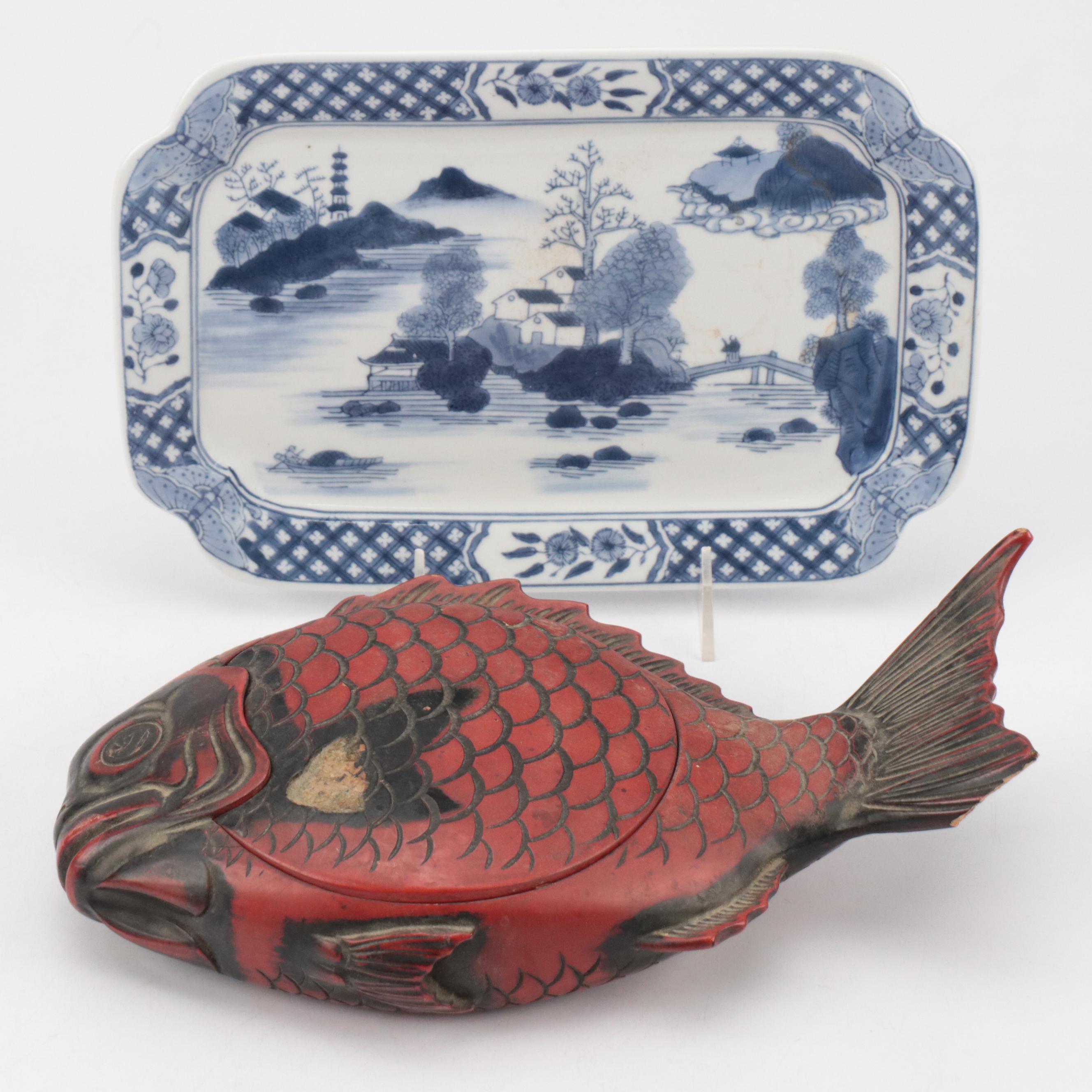 Fish-Shaped Lacquered Wood Box with Chinese Ceramic Tray
