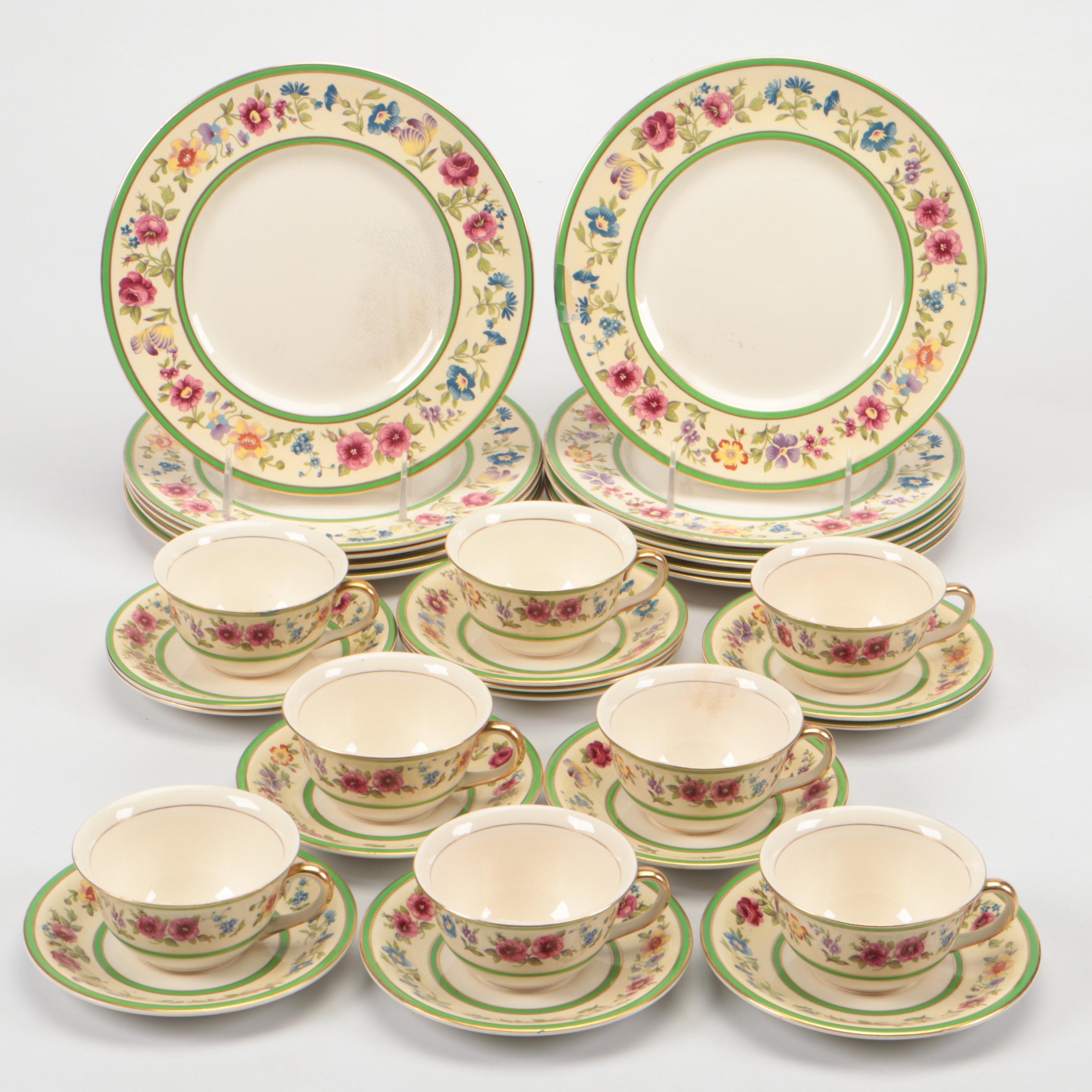 Fondeville "Old Swansea" Green Verge Floral Ceramic Plates and Flat Cups