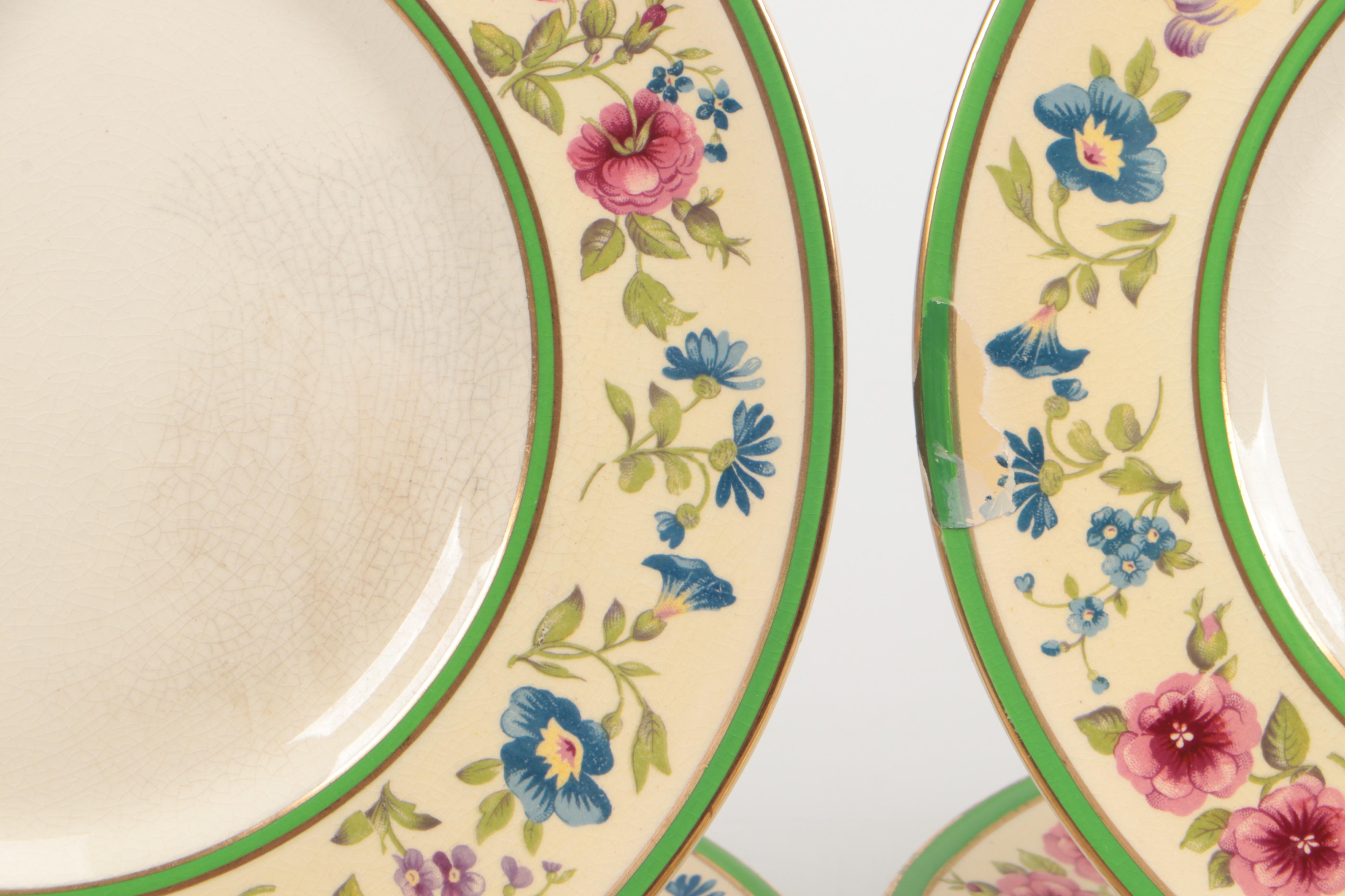 Fondeville "Old Swansea" Green Verge Floral Ceramic Plates and Flat Cups