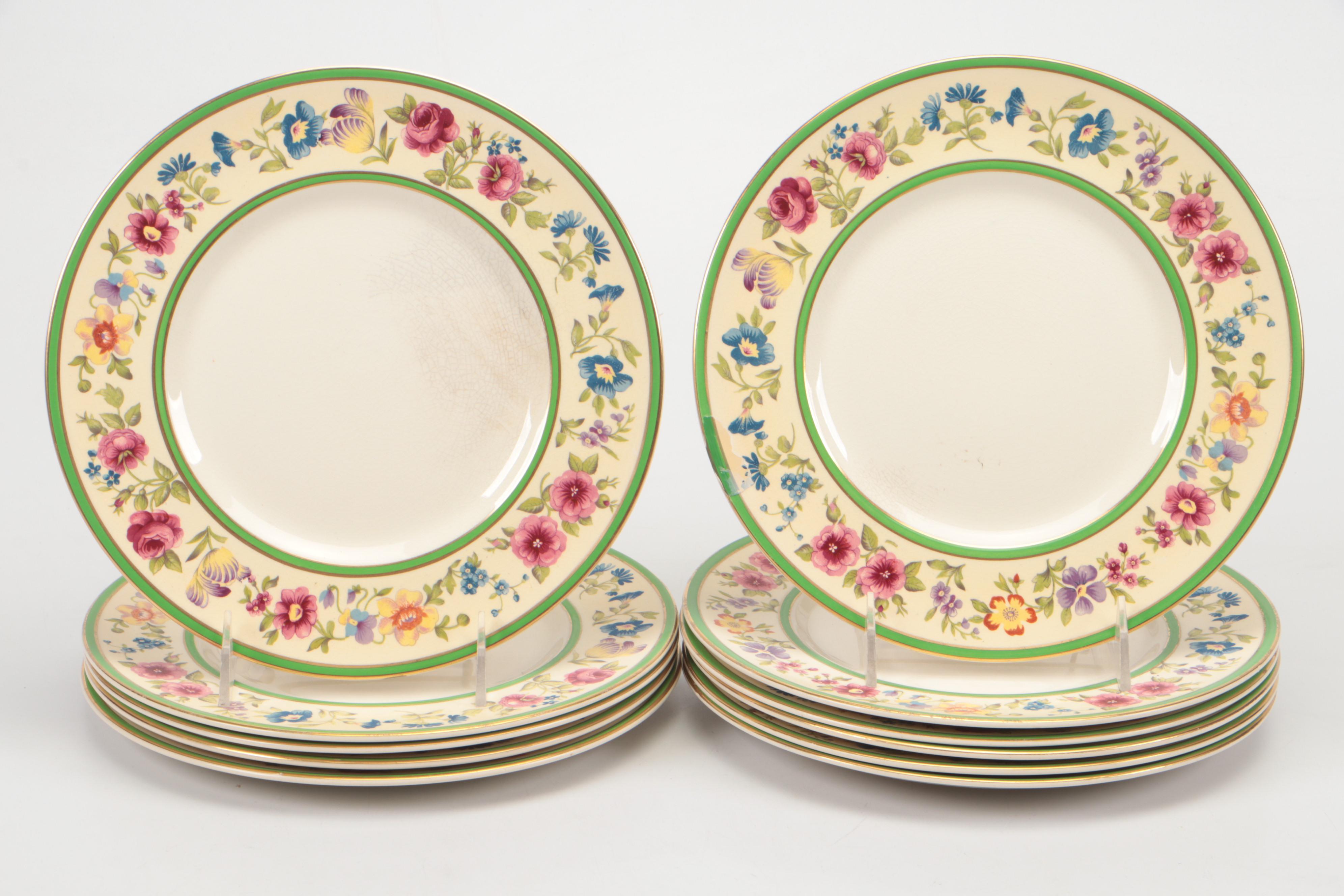 Fondeville "Old Swansea" Green Verge Floral Ceramic Plates and Flat Cups
