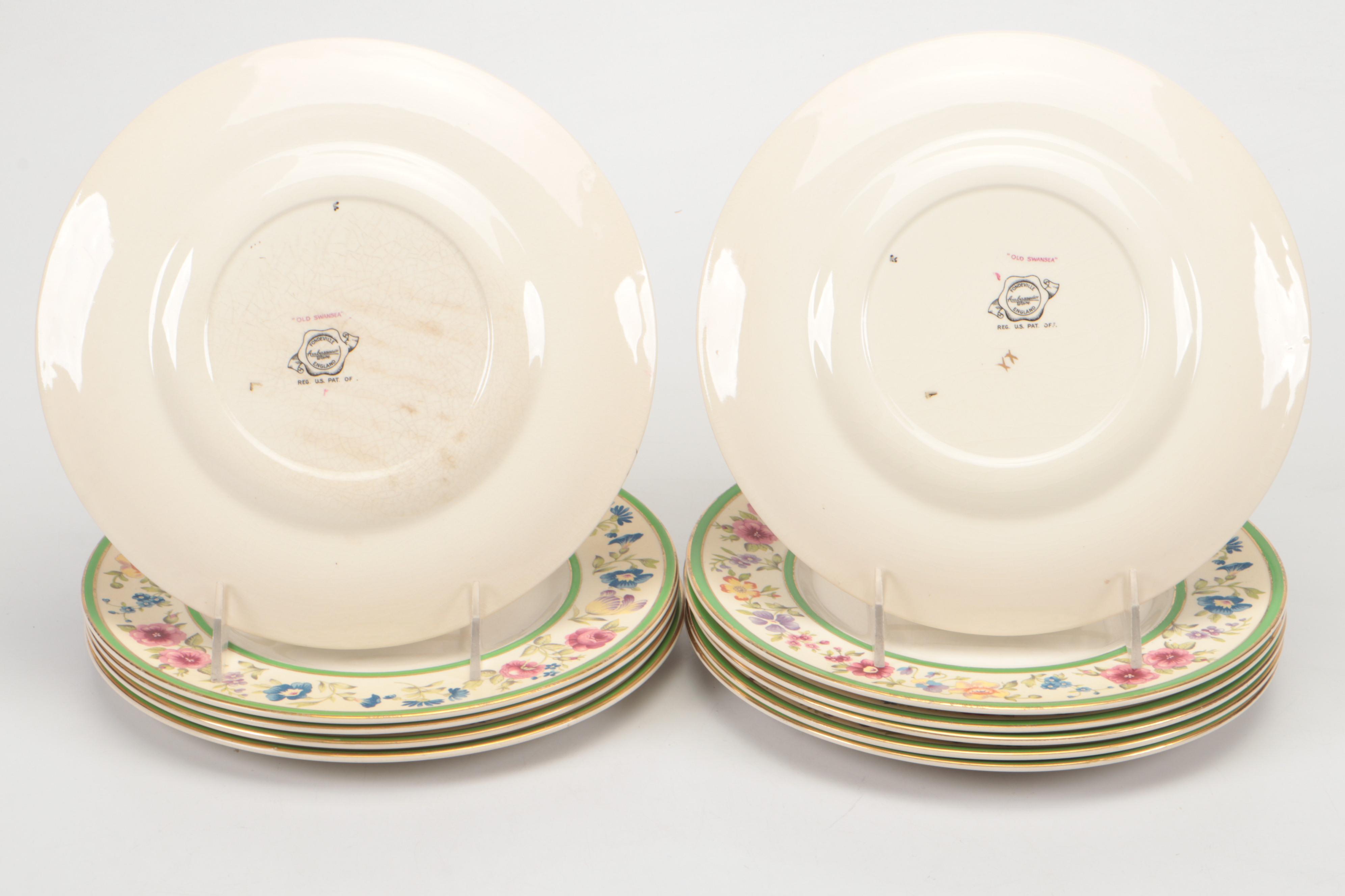 Fondeville "Old Swansea" Green Verge Floral Ceramic Plates and Flat Cups