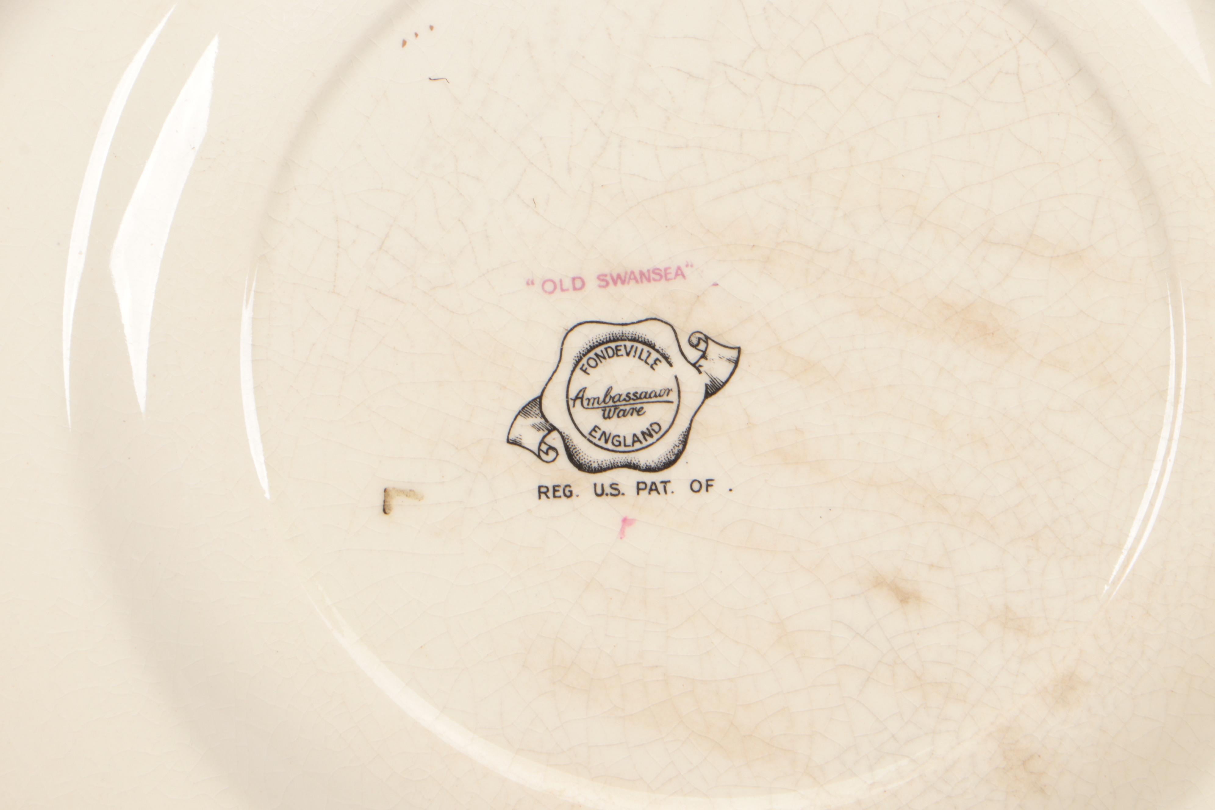 Fondeville "Old Swansea" Green Verge Floral Ceramic Plates and Flat Cups