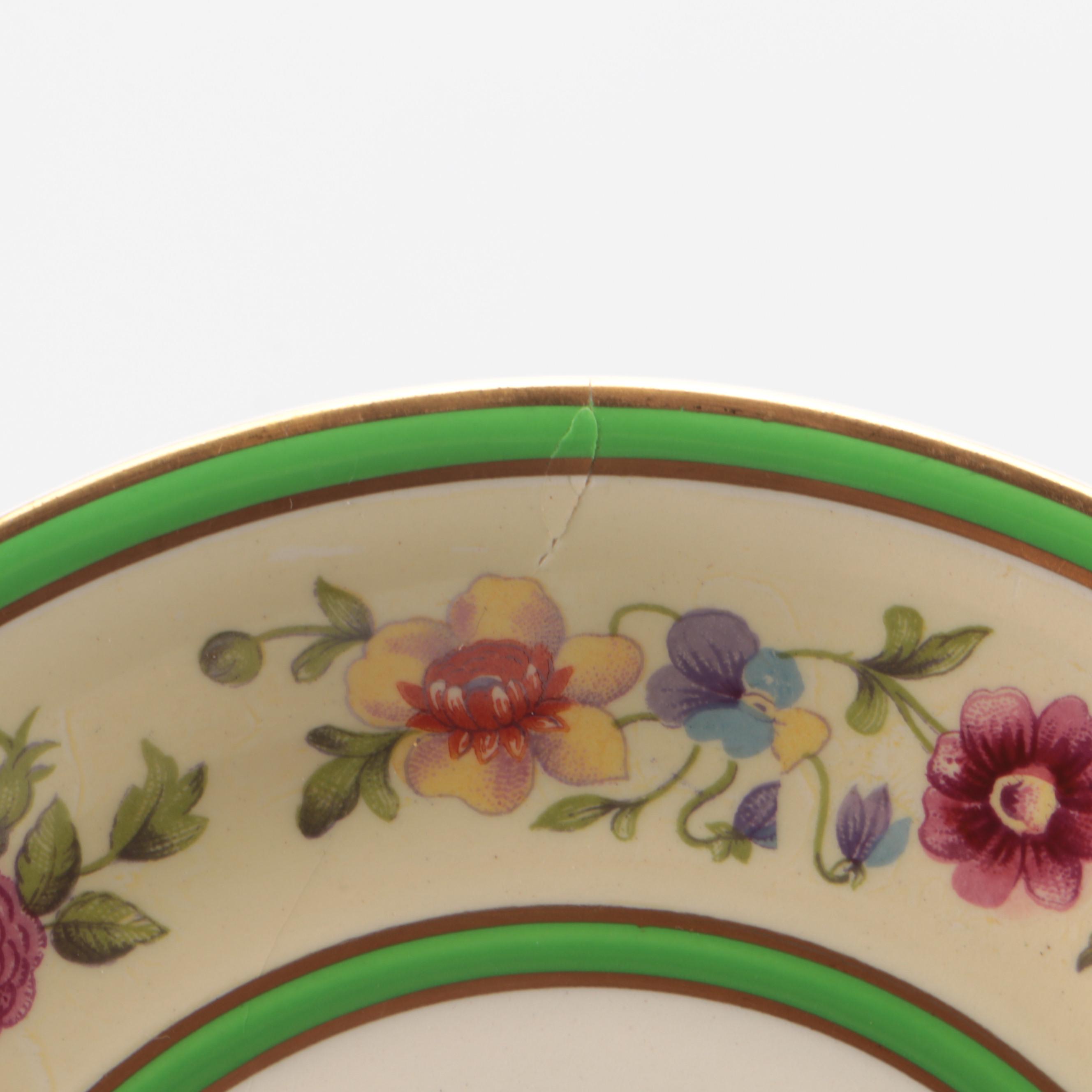 Fondeville "Old Swansea" Green Verge Floral Ceramic Plates and Flat Cups