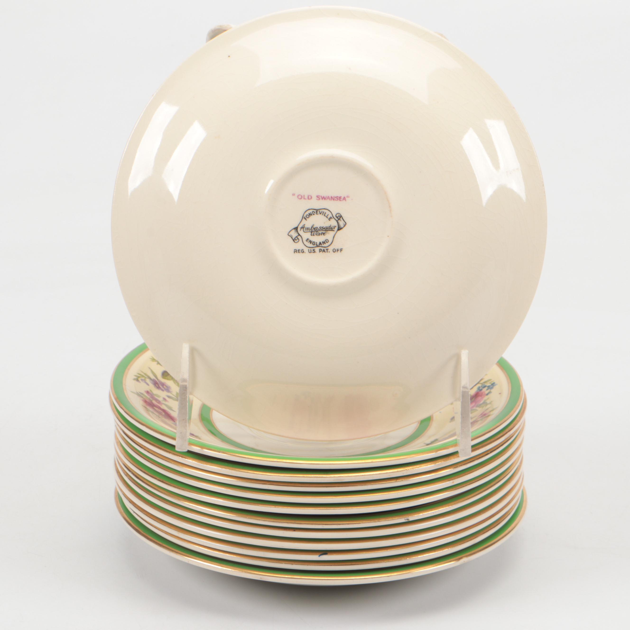 Fondeville "Old Swansea" Green Verge Floral Ceramic Plates and Flat Cups