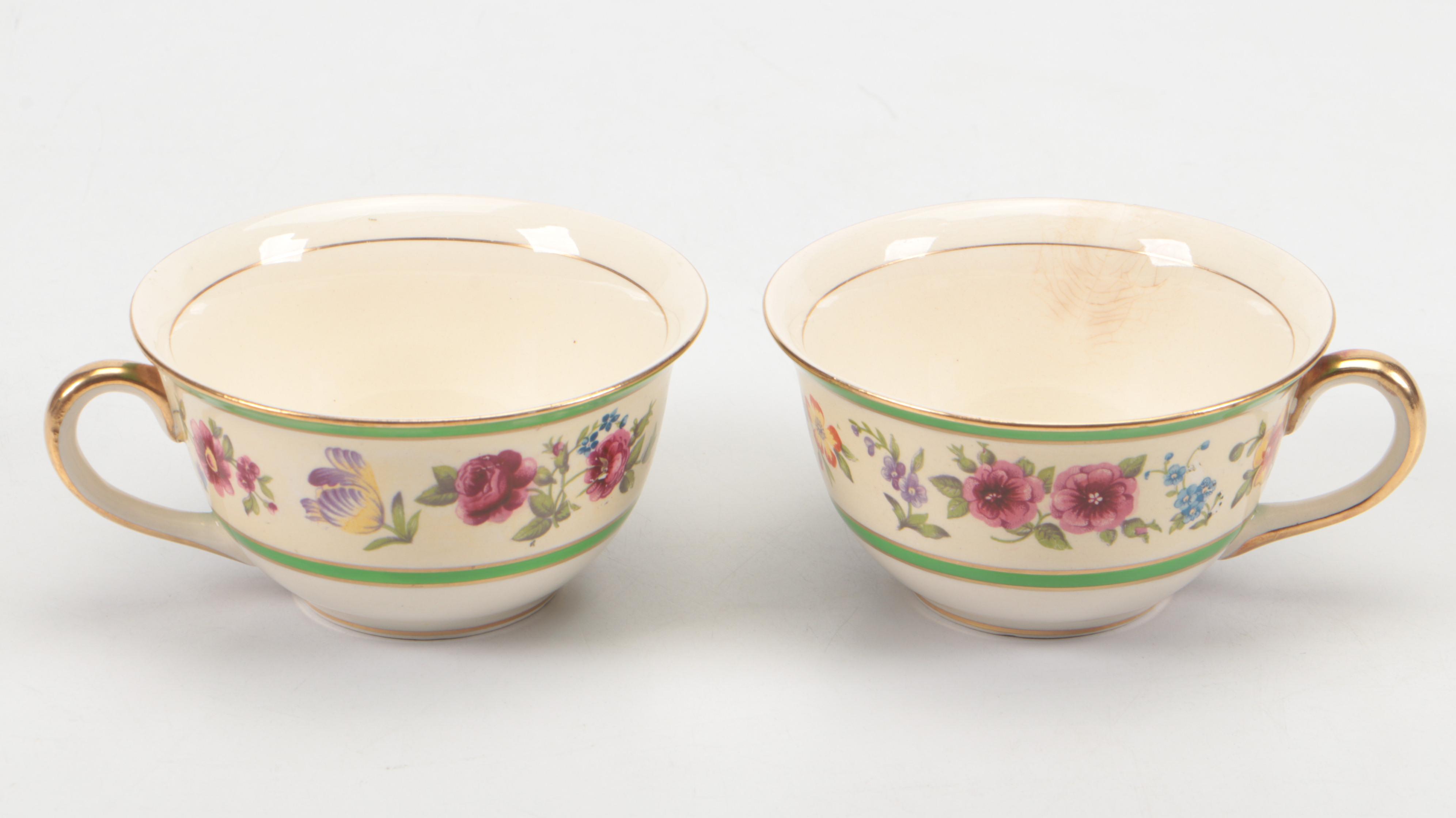 Fondeville "Old Swansea" Green Verge Floral Ceramic Plates and Flat Cups