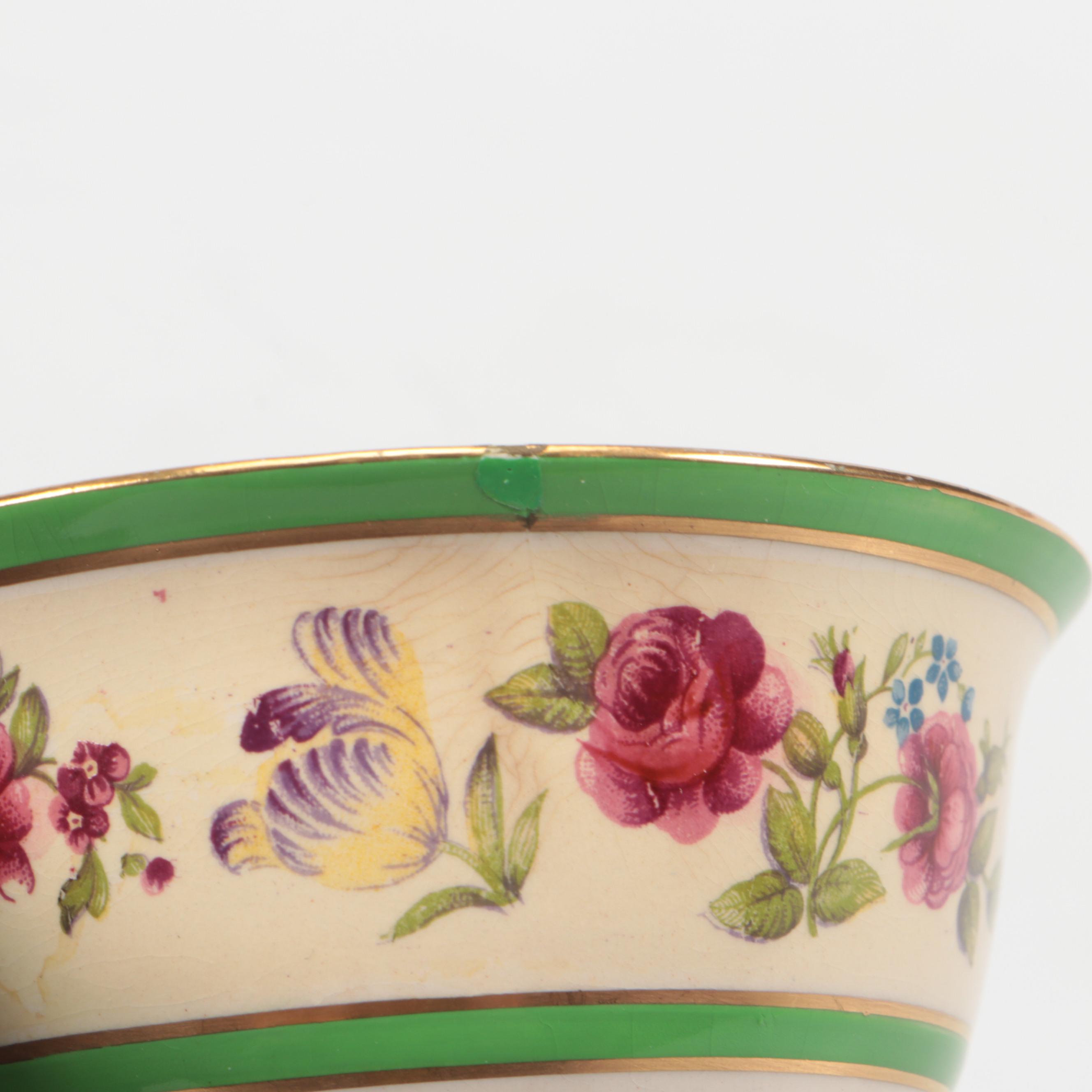 Fondeville "Old Swansea" Green Verge Floral Ceramic Plates and Flat Cups