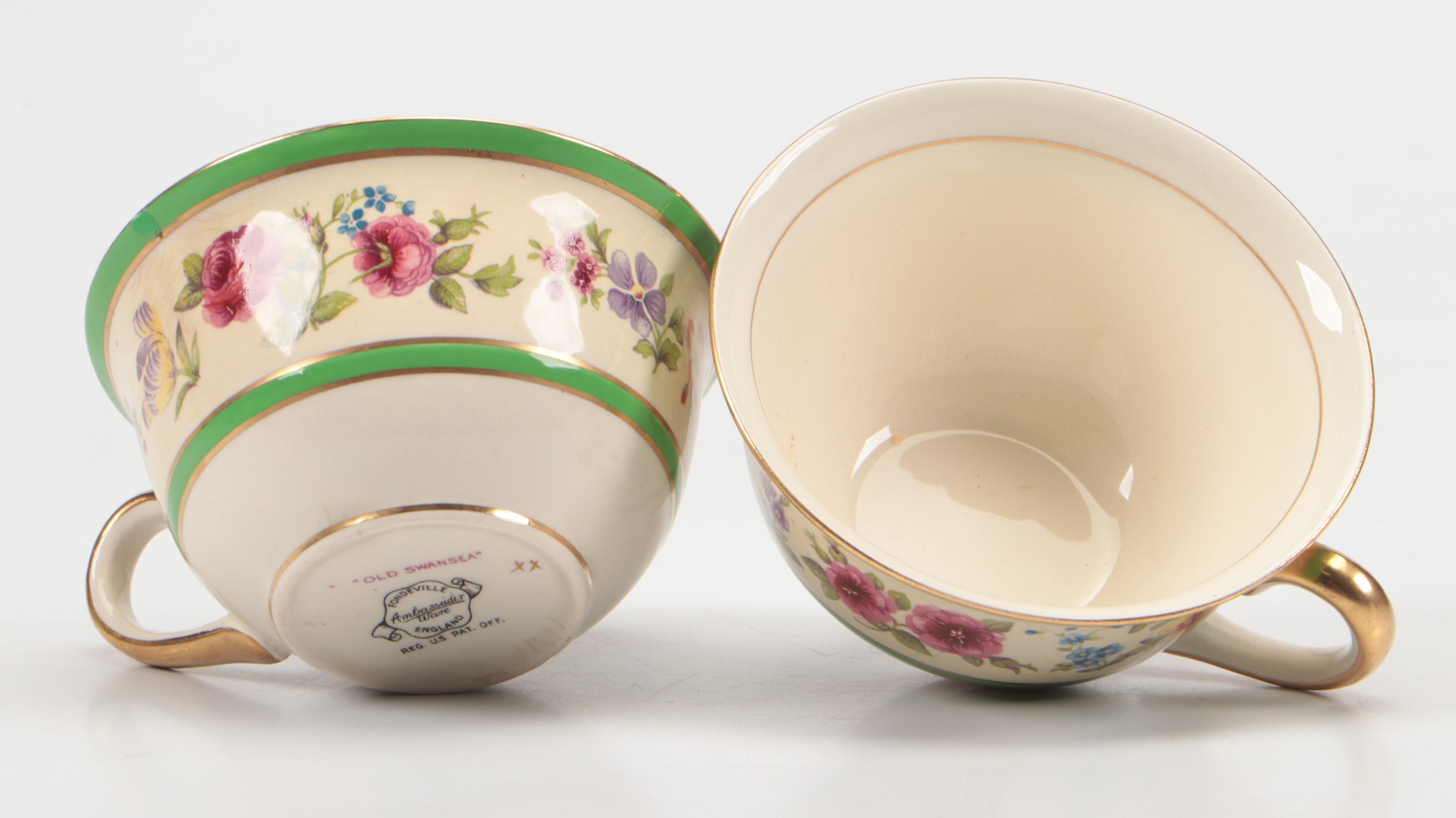 Fondeville "Old Swansea" Green Verge Floral Ceramic Plates and Flat Cups