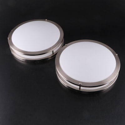 Pair of Brushed Nickle and White Glass LED Ceiling Lights