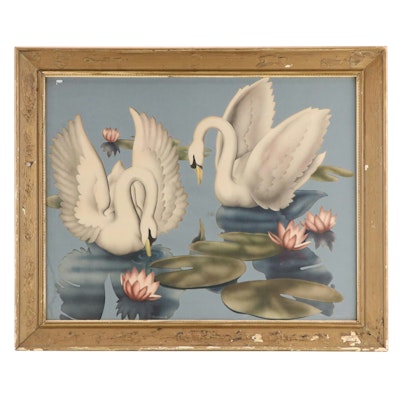 Turner Stencil-Embellished Offset Lithograph of Swans, Mid-20th Century