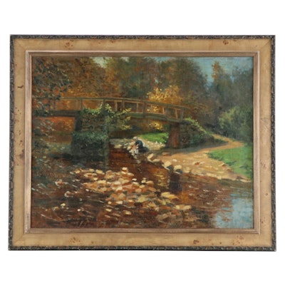 Georges Plasse Creek Landscape Oil Painting, 1920