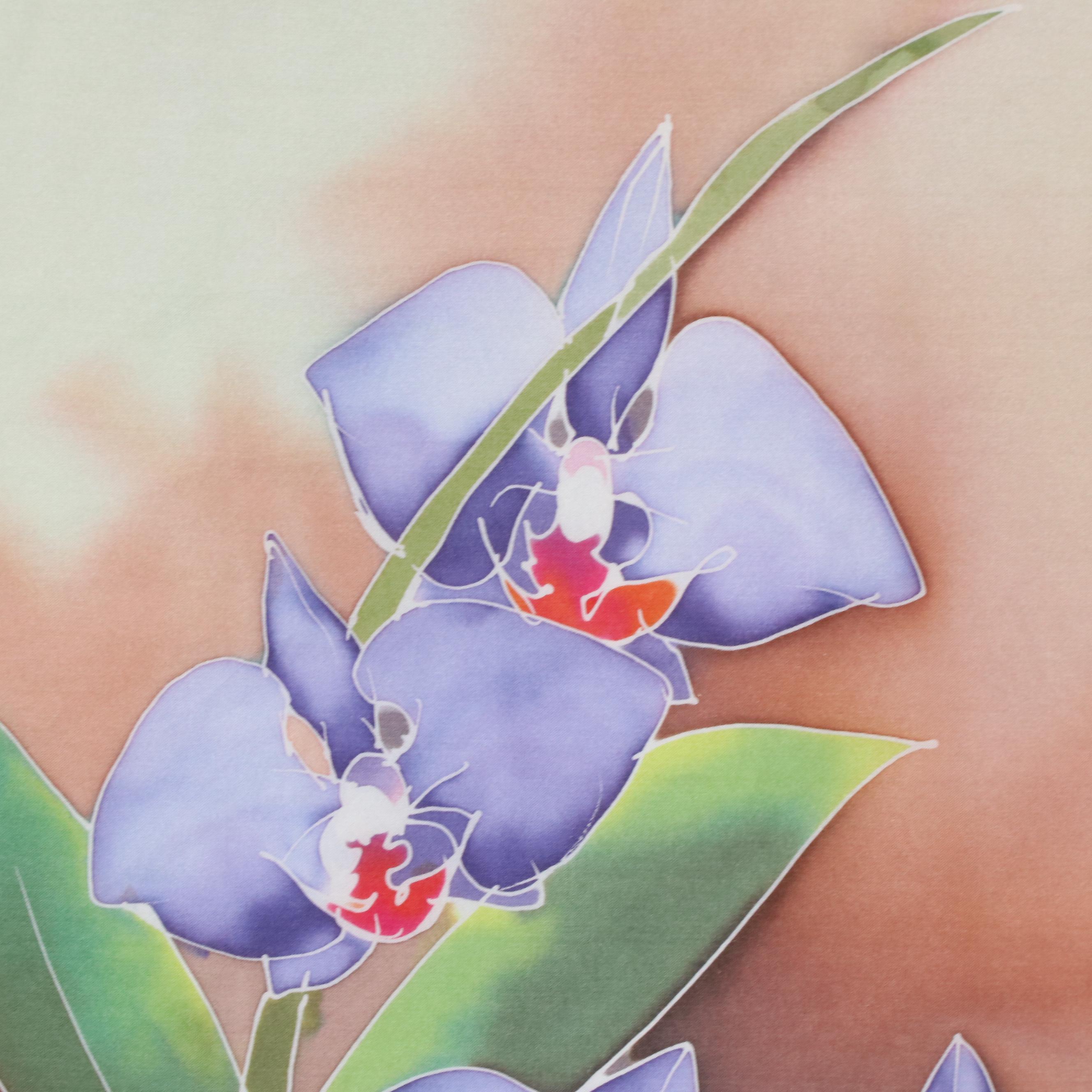 Batik Hand-Painted Textile Depicting Orchid Cluster, Late 20th Century