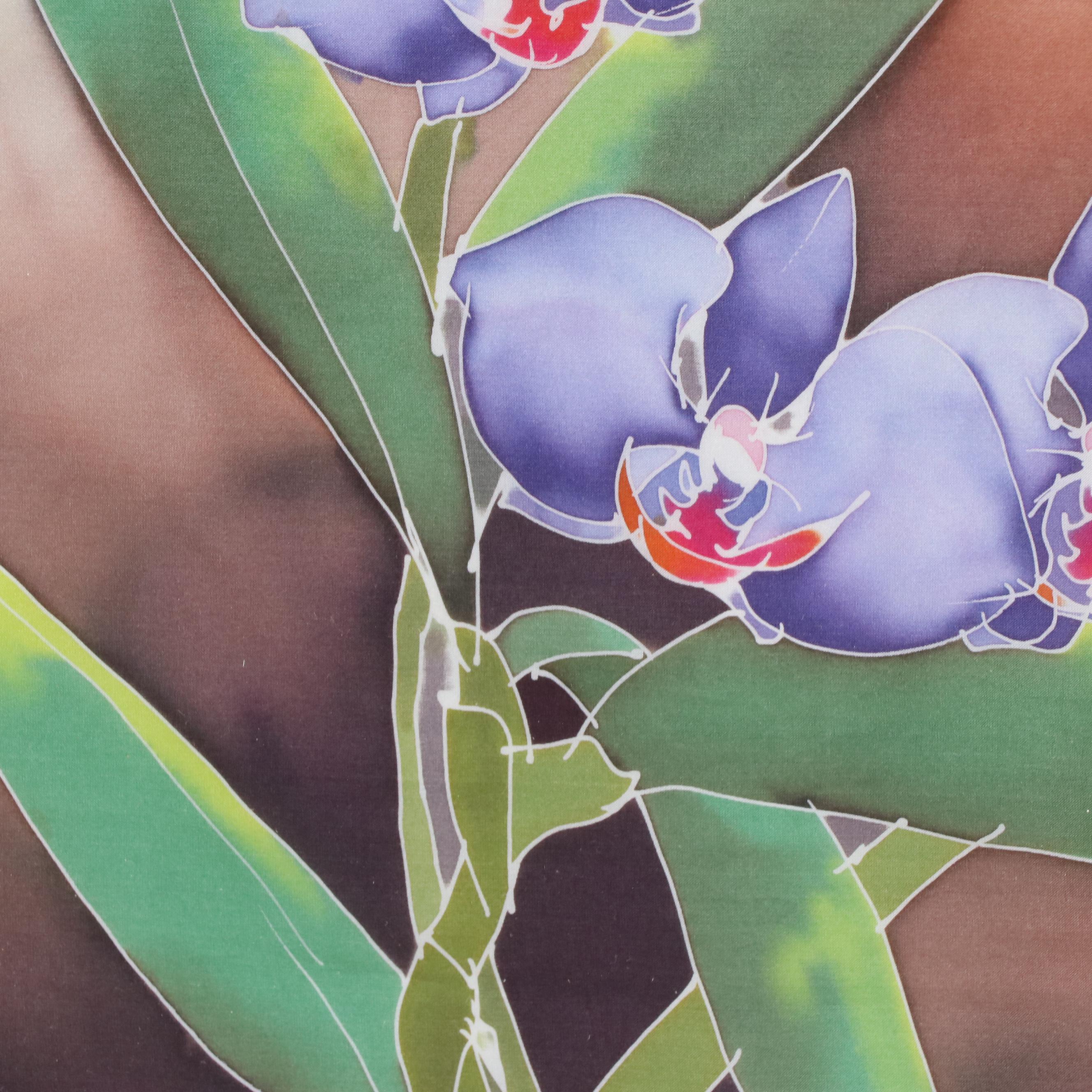 Batik Hand-Painted Textile Depicting Orchid Cluster, Late 20th Century