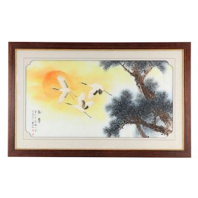 Chinese Ink and Watercolor Painting of Cranes