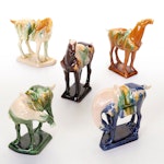 Tang Dynasty Style Tri-Color Drip Glaze War Horse Figures, Set of Five, 1970s