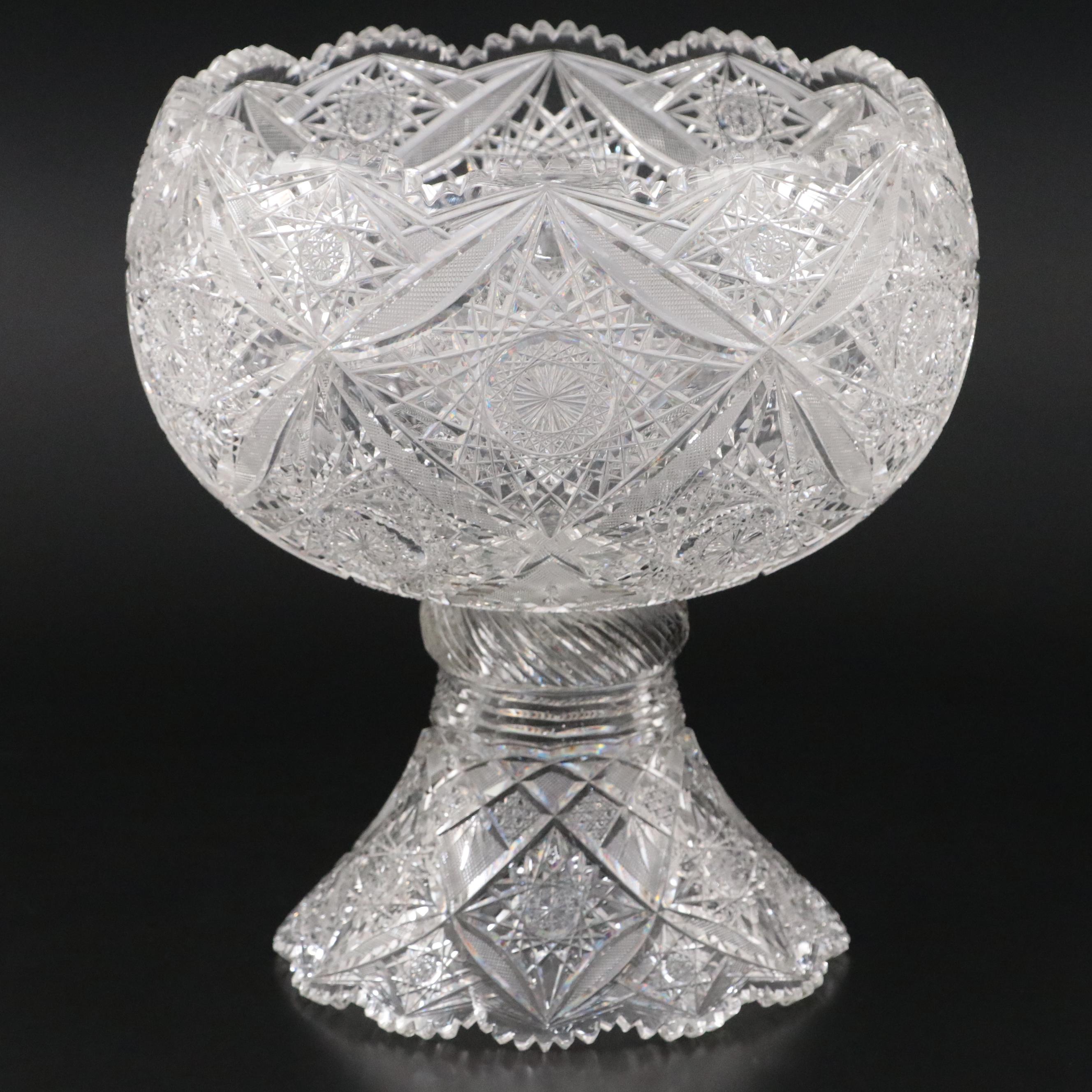 Elmira Glass Company American Brilliant Cut Glass Punch Bowl on Stand