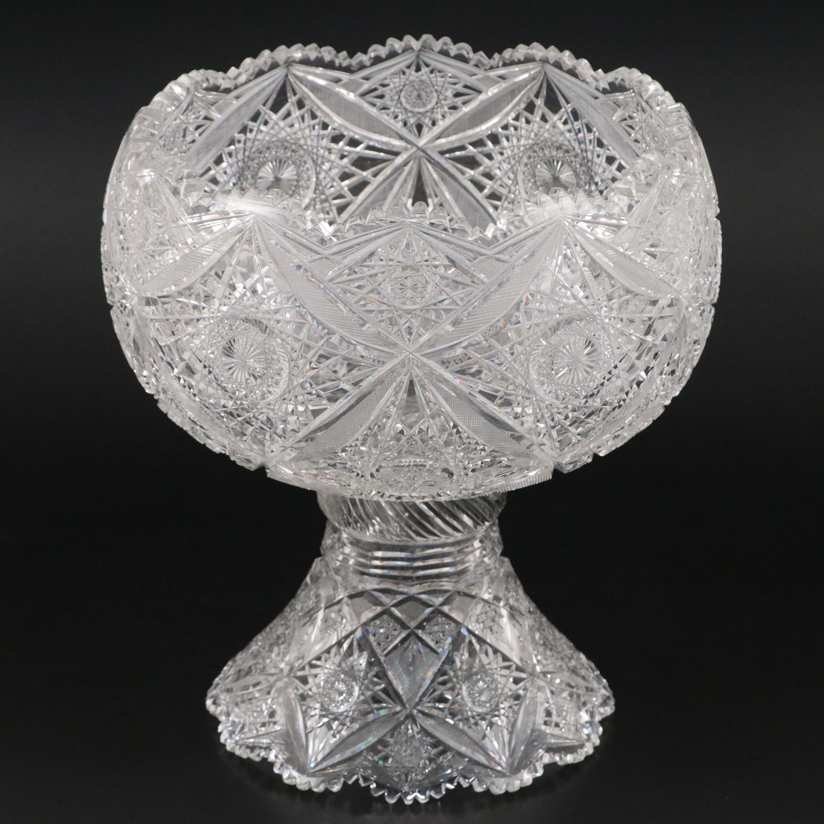 Elmira Glass Company American Brilliant Cut Glass Punch Bowl on Stand
