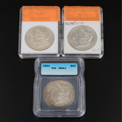 Three Morgan Silver Dollars Including an ICG MS61 1904