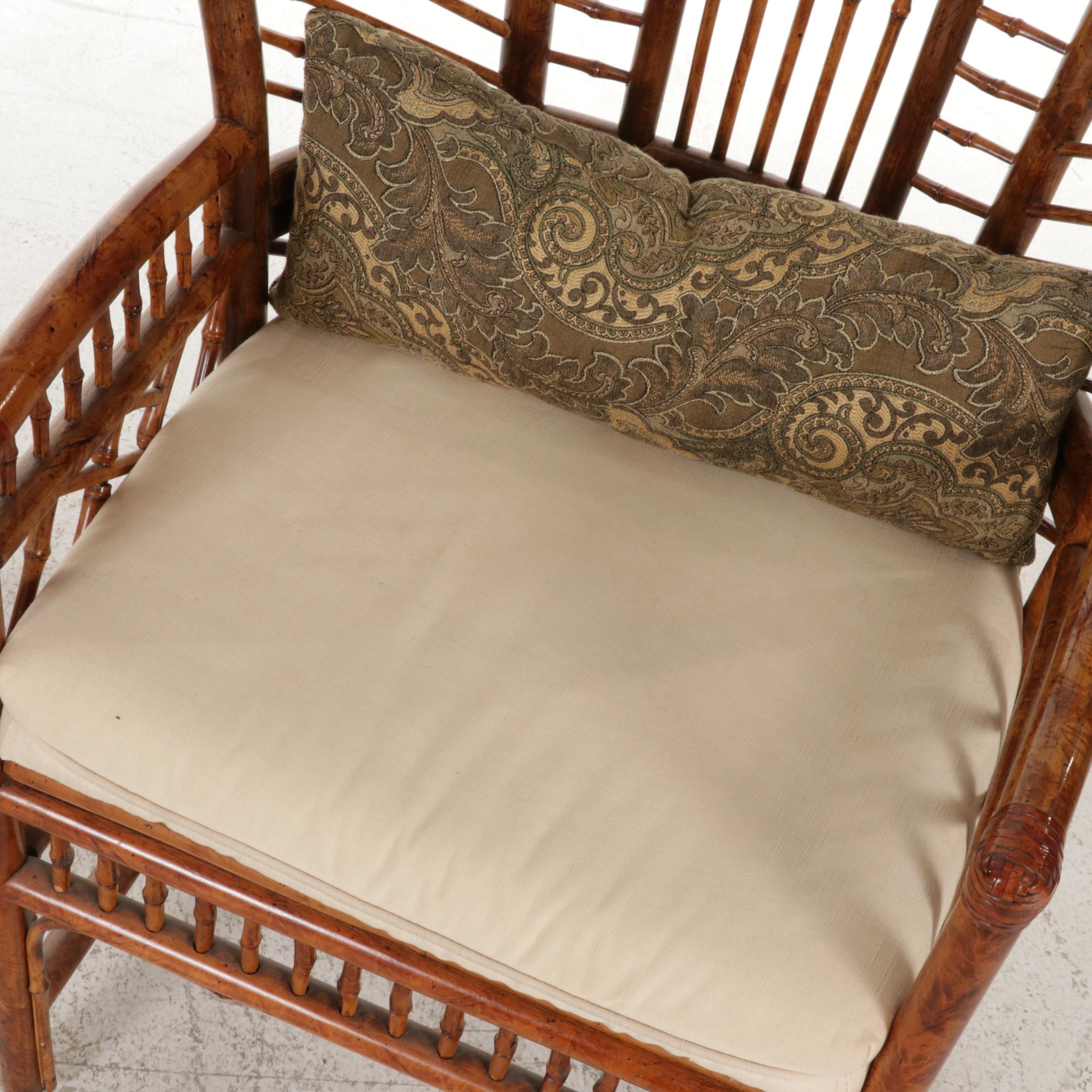 Pair of Chippendale Style Rattan and Caned Seat High-Back Armchairs