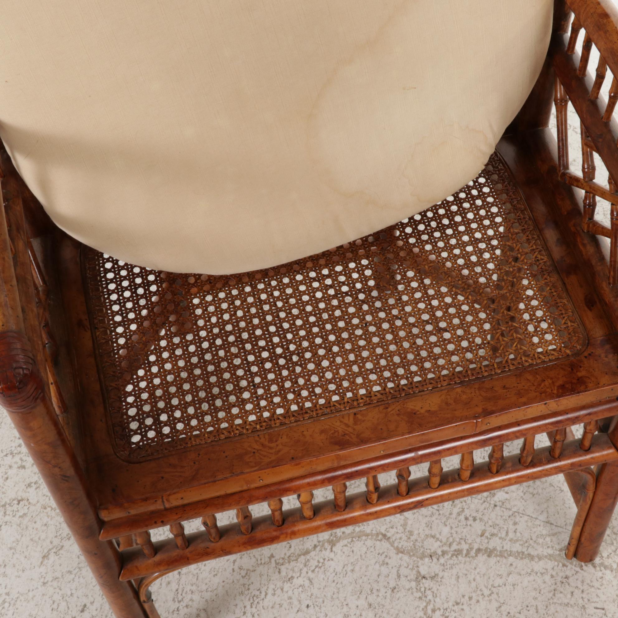 Pair of Chippendale Style Rattan and Caned Seat High-Back Armchairs