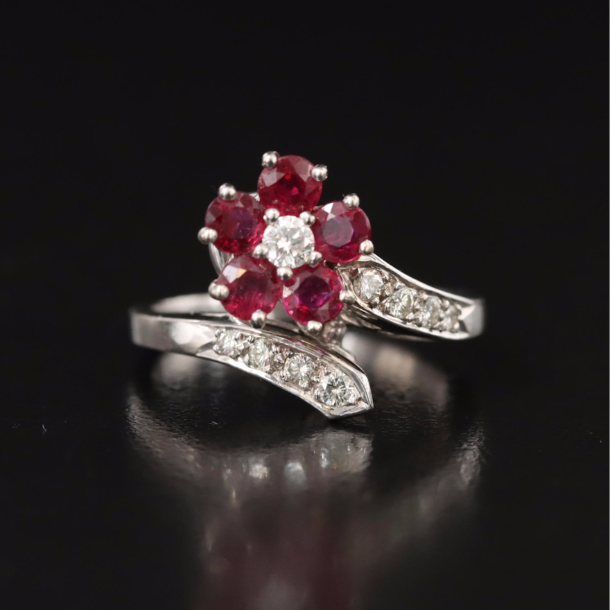 14K Diamond and Ruby Flower Bypass Ring