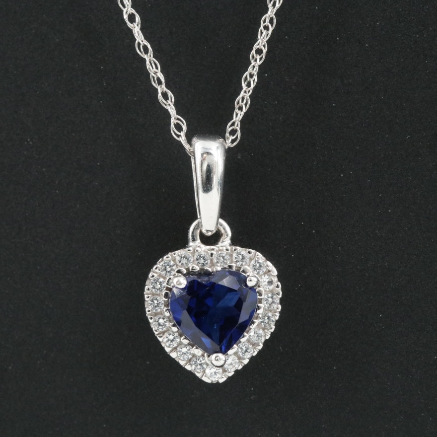 10K Blue and White Sapphire Heart Pendant Necklace