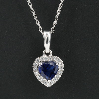 10K Blue and White Sapphire Heart Pendant Necklace