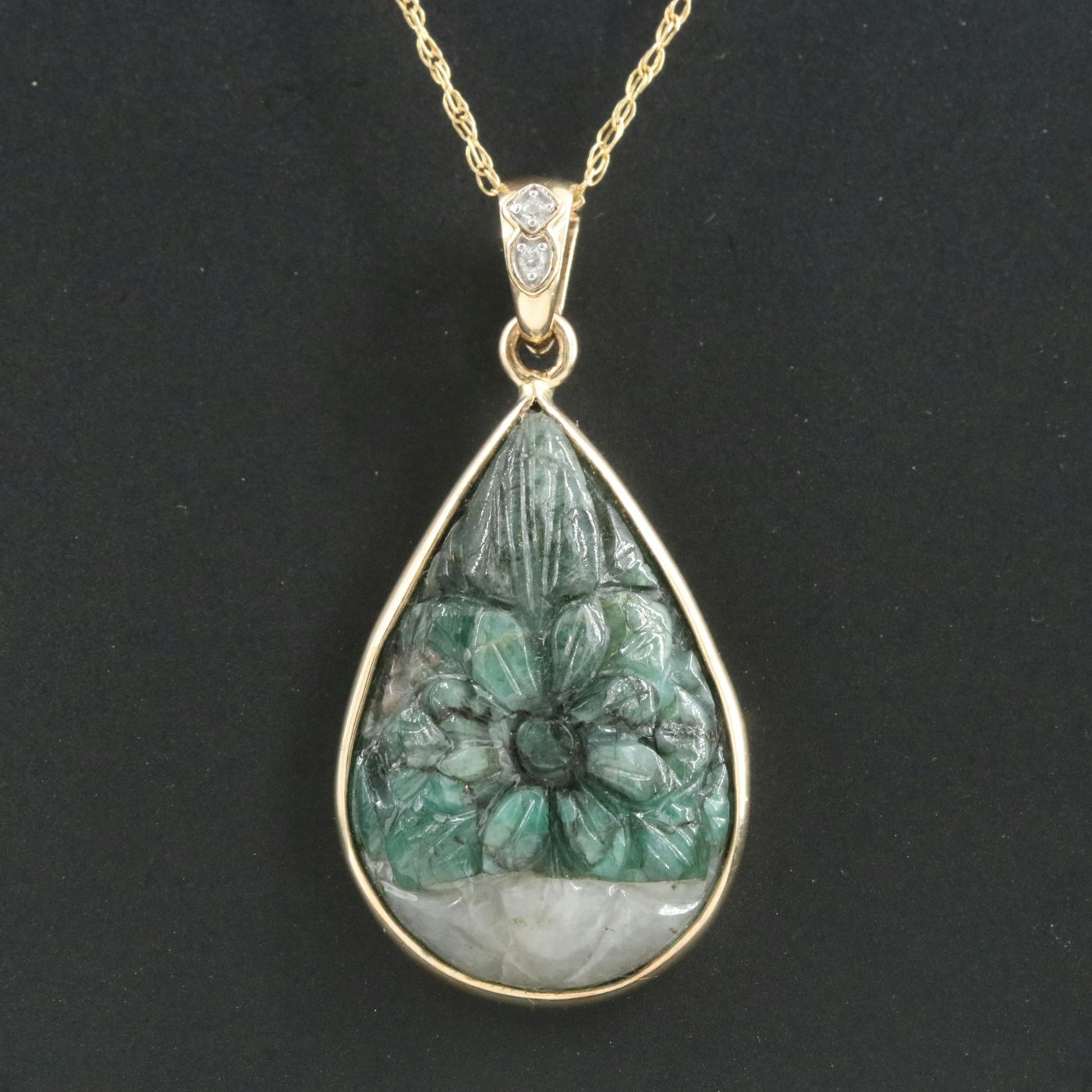 14K Emerald Carved Floral Pendant and Diamond Necklace | EBTH