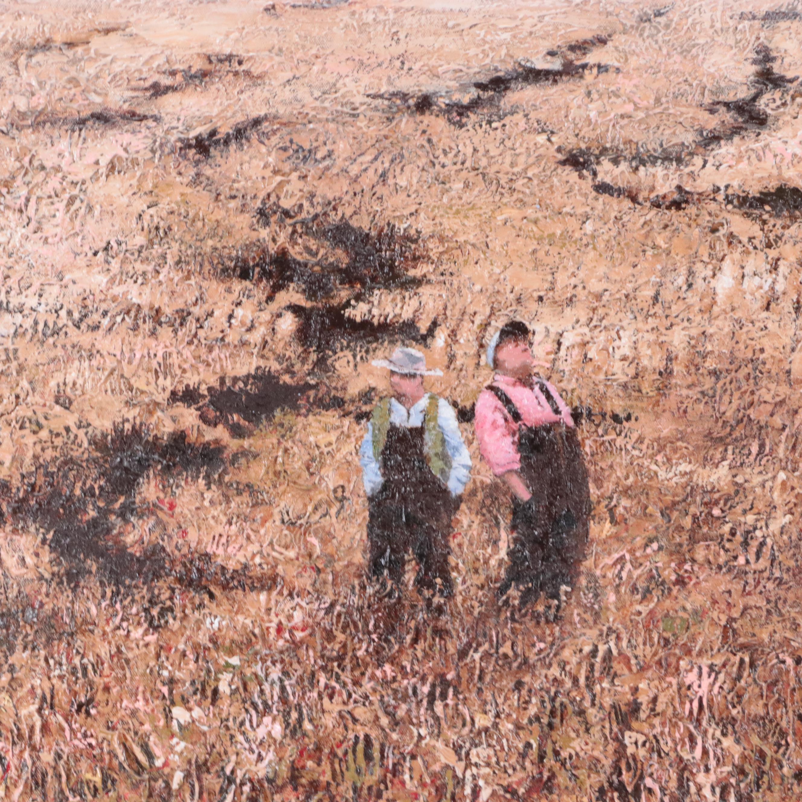Hal Pickel Mixed Media Painting of Children Watching Geese Fly Over Field