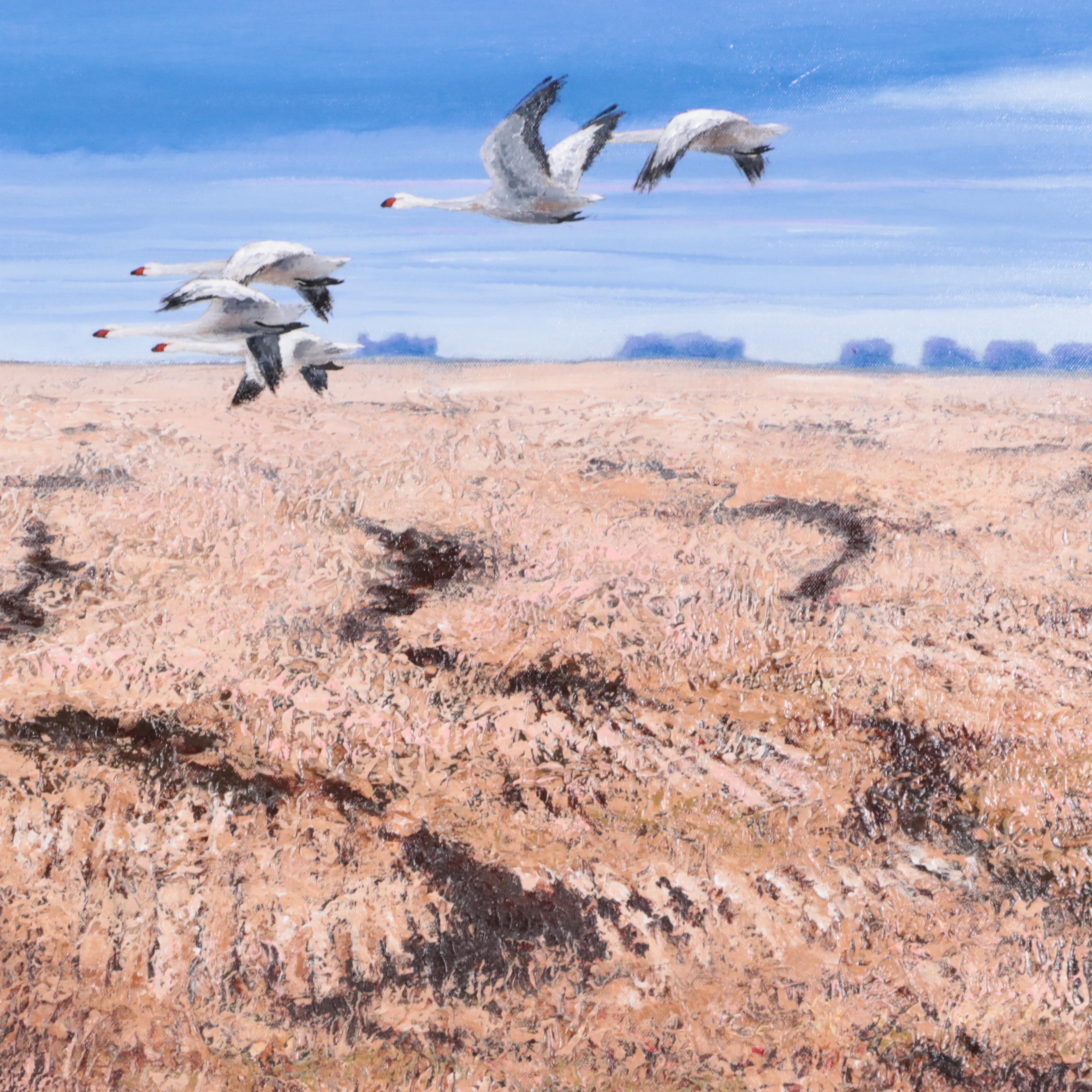 Hal Pickel Mixed Media Painting of Children Watching Geese Fly Over Field