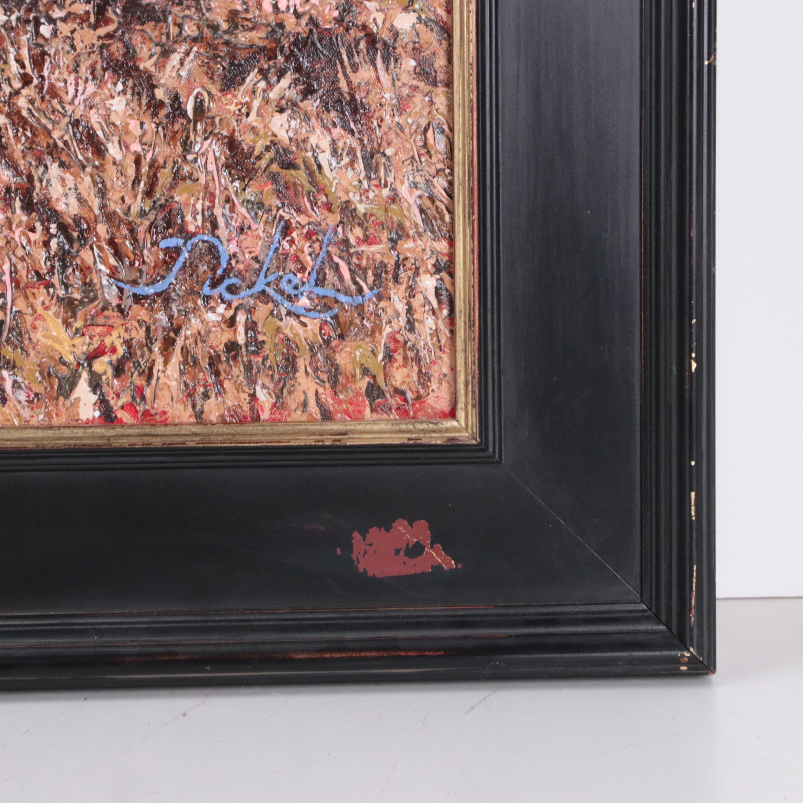 Hal Pickel Mixed Media Painting of Children Watching Geese Fly Over Field