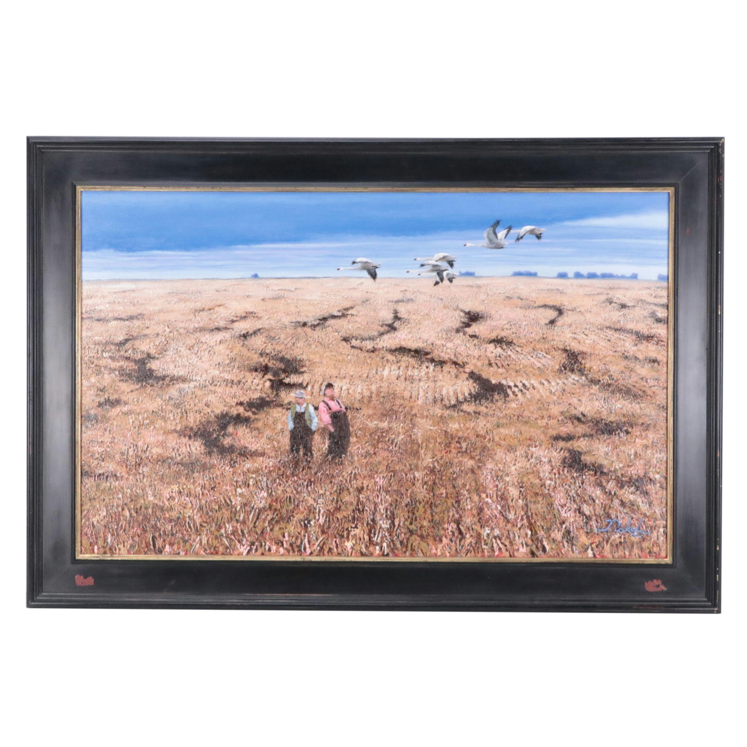 Hal Pickel Mixed Media Painting of Children Watching Geese Fly Over Field