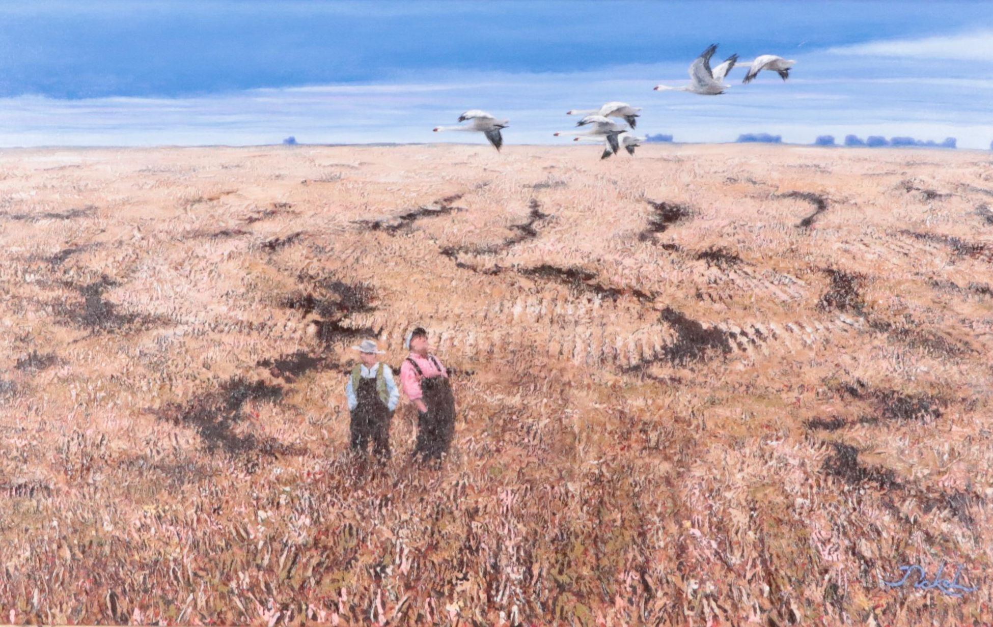 Hal Pickel Mixed Media Painting of Children Watching Geese Fly Over Field
