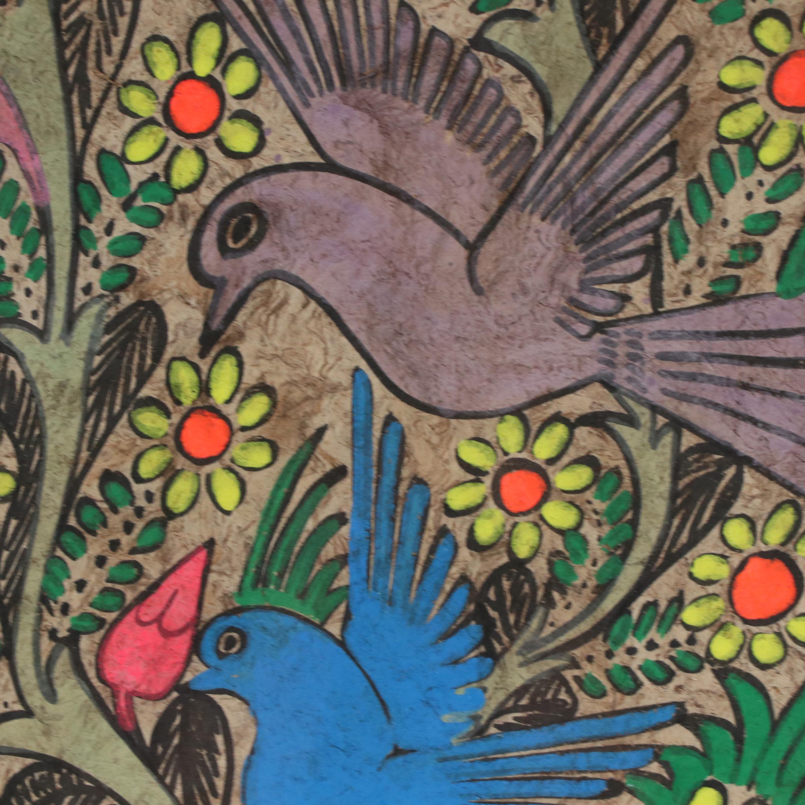 Mexican Folk Art Amate Bark Painting of Horse and Birds