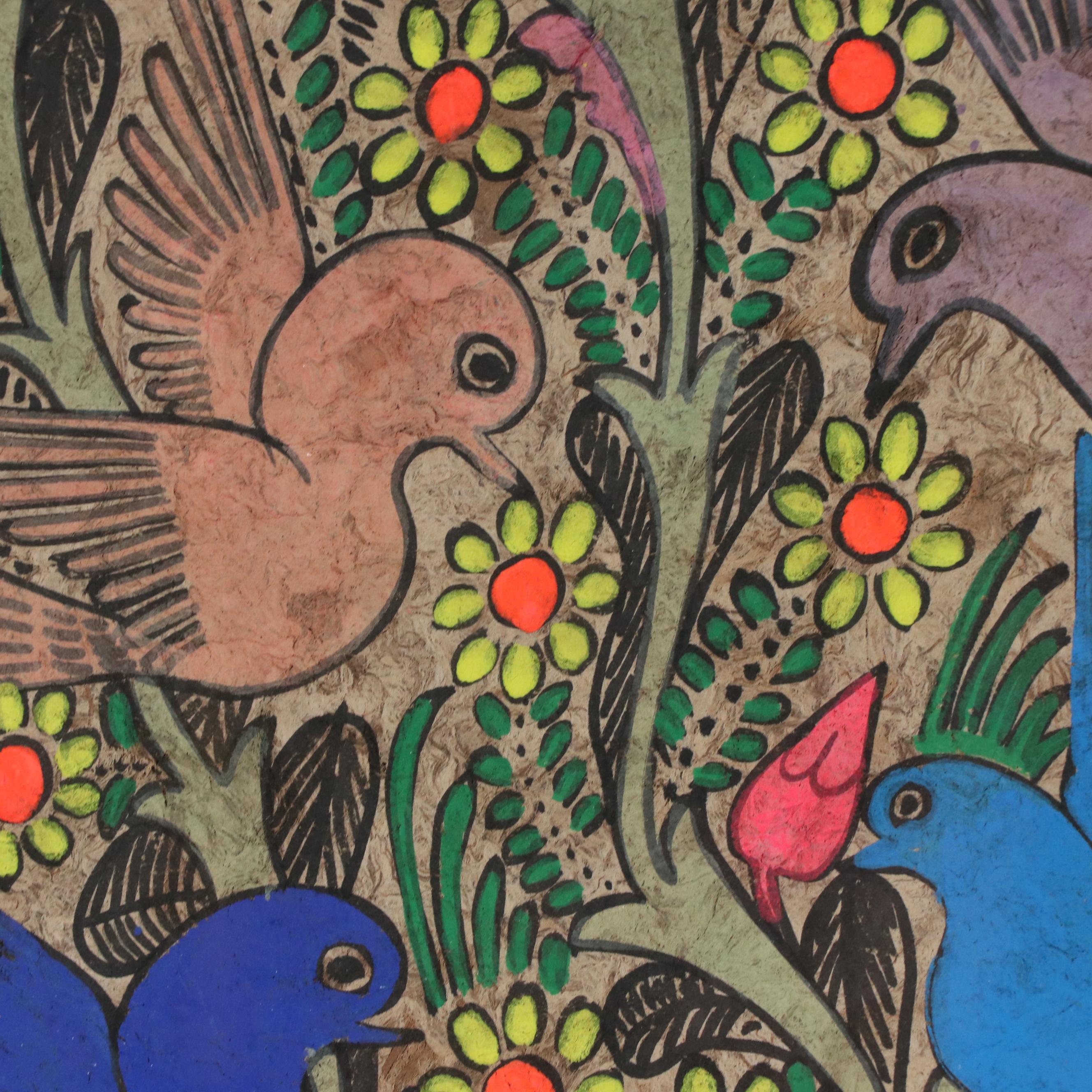 Mexican Folk Art Amate Bark Painting of Horse and Birds