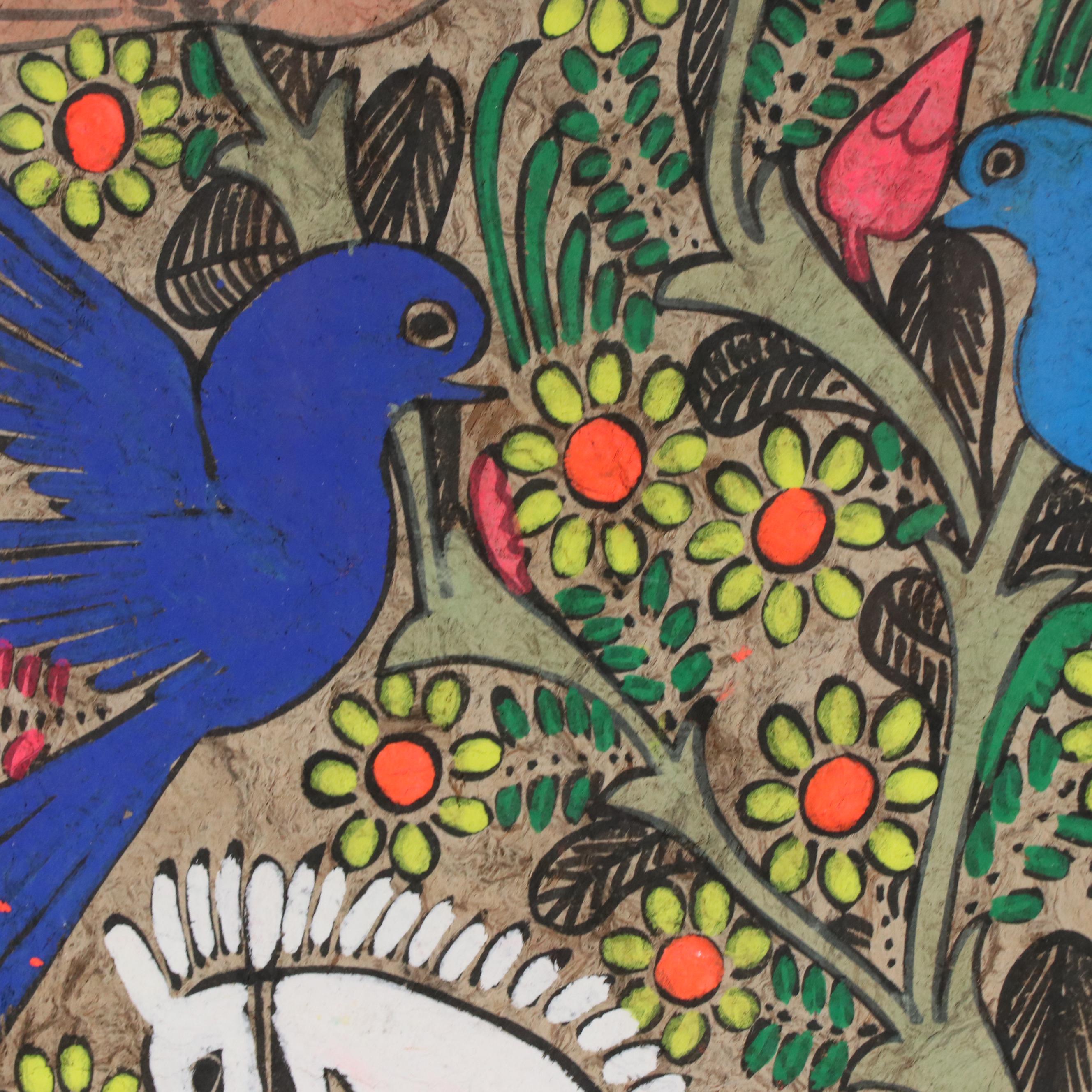 Mexican Folk Art Amate Bark Painting of Horse and Birds