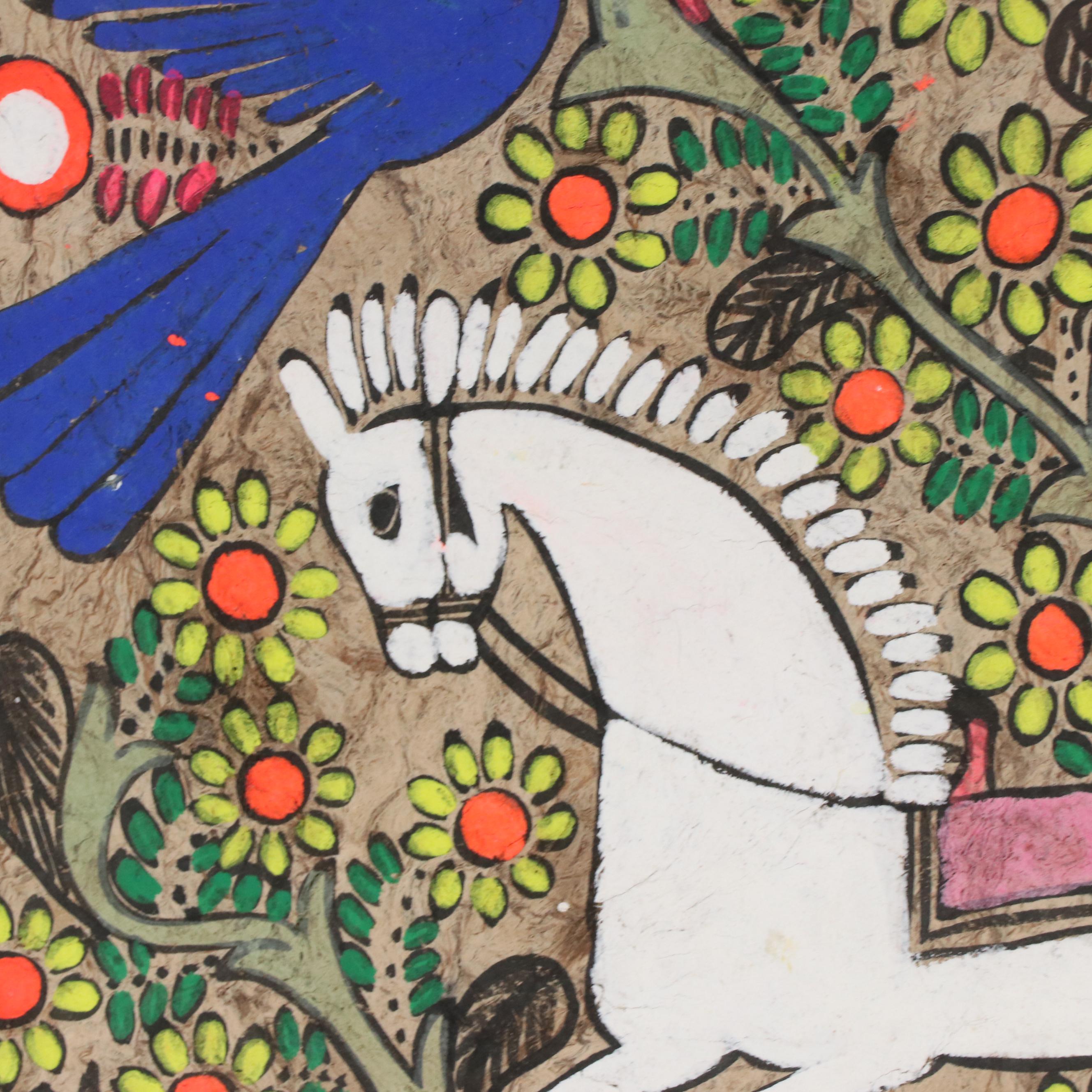 Mexican Folk Art Amate Bark Painting of Horse and Birds