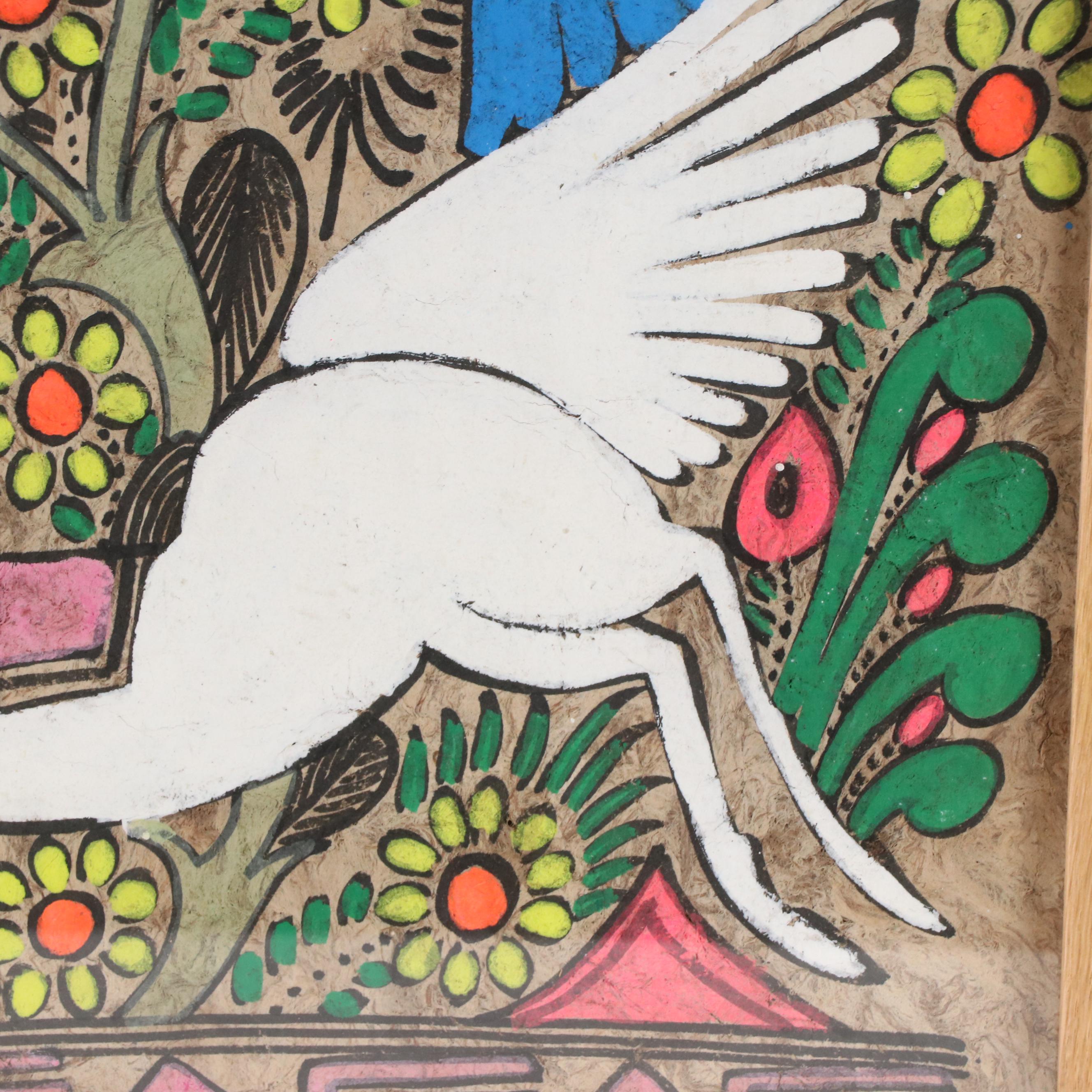 Mexican Folk Art Amate Bark Painting of Horse and Birds