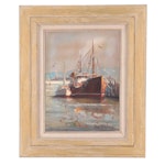 Paul Frontiero Oil Painting of Harbor Scene "Steel Trawler"